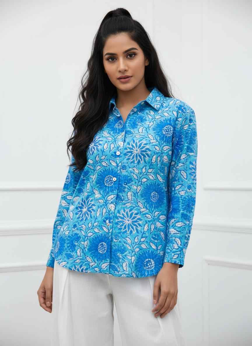 Long Sleeve Handblock Casual Shirt - Blue and White Floral Modal Cotton Printed Women’s Shirt