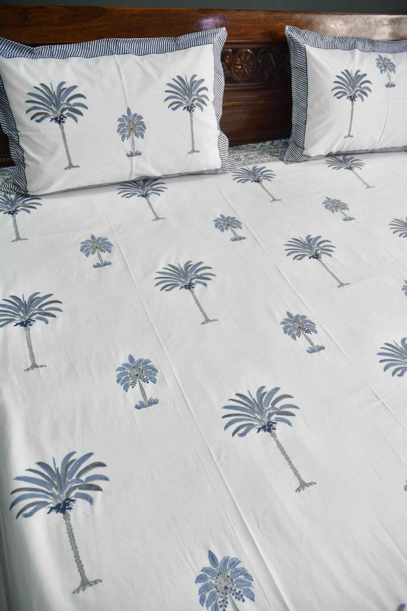 Blue Palm Tree Premium HandBlock Bedsheet