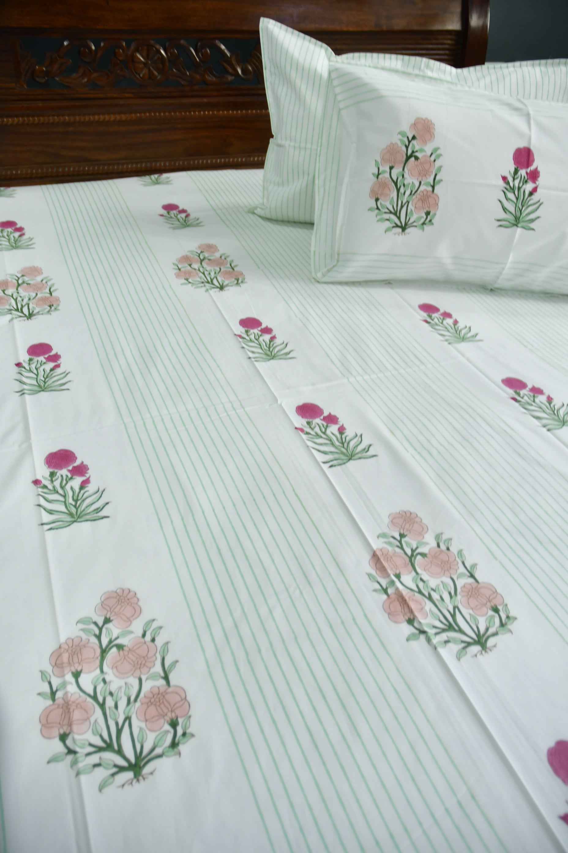Peach and Pink Floral premium HandBlock Bedsheet