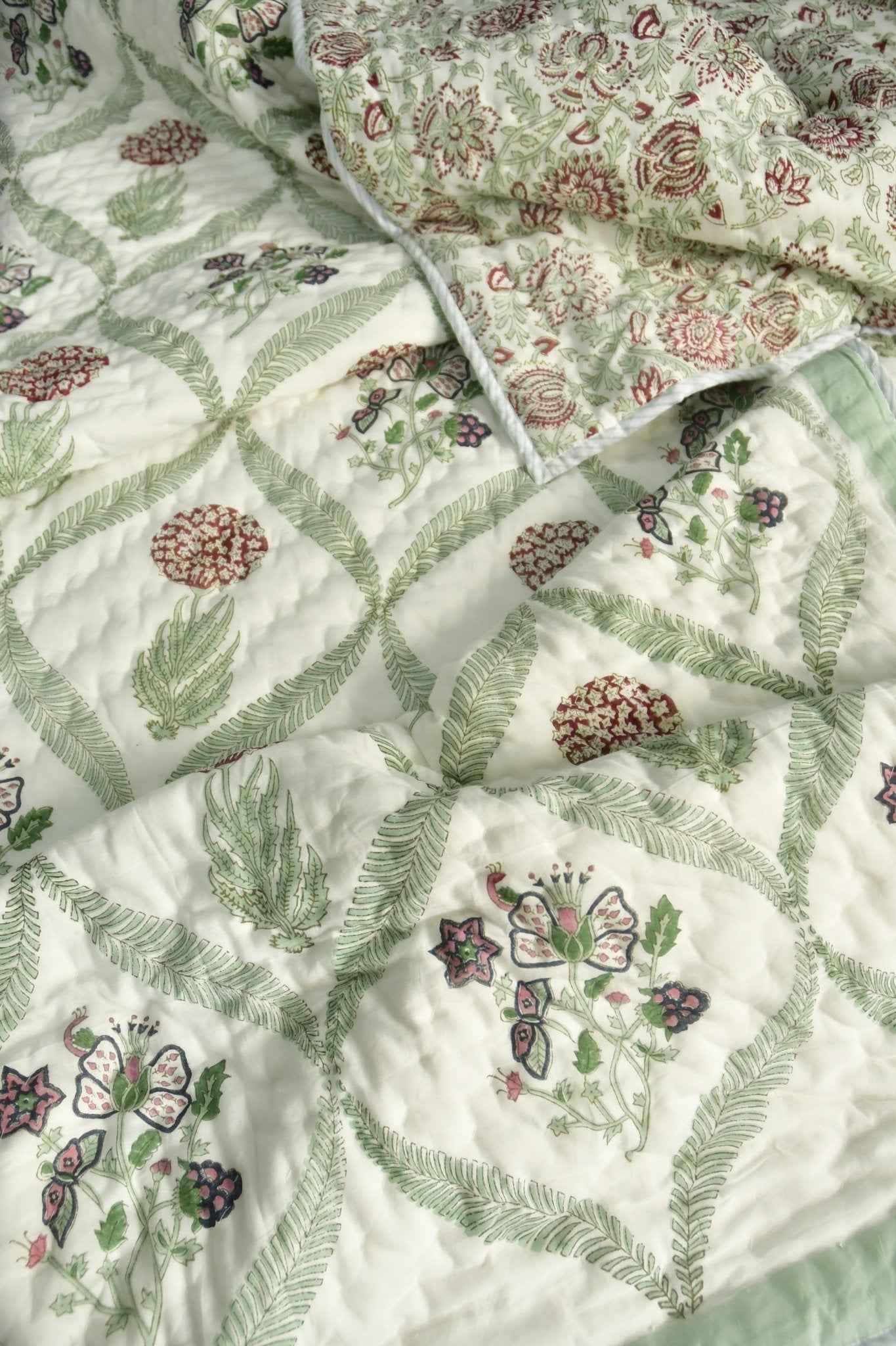 Butterfly and floral jaal mul mul Handblock Quilt