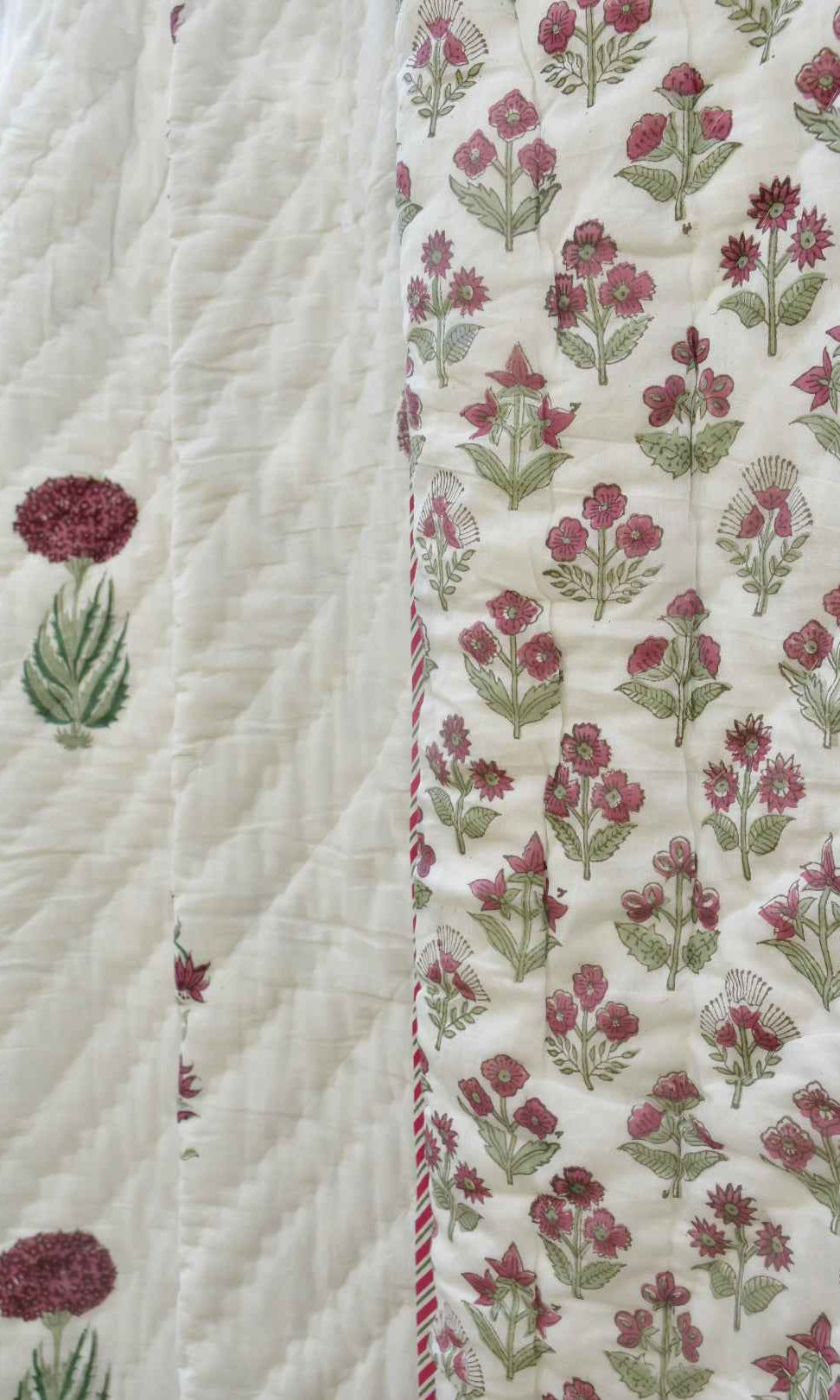 Serene Pink and Green Handblock Cotton Quilt