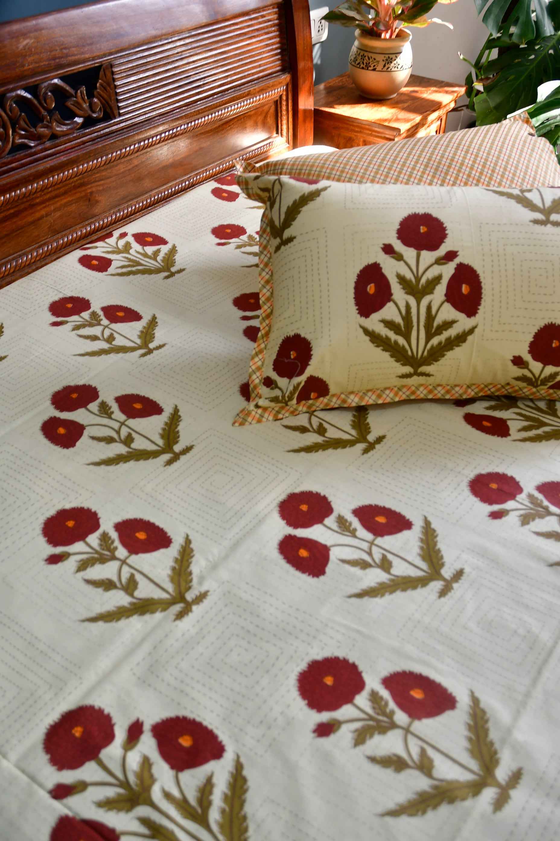 Elegant Red Poppy Cotton Bedsheet | Hand-Blocked