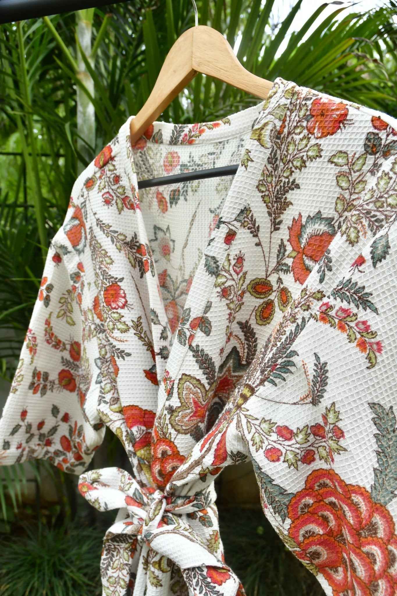 Bright Red and White Floral Waffle Bathrobe