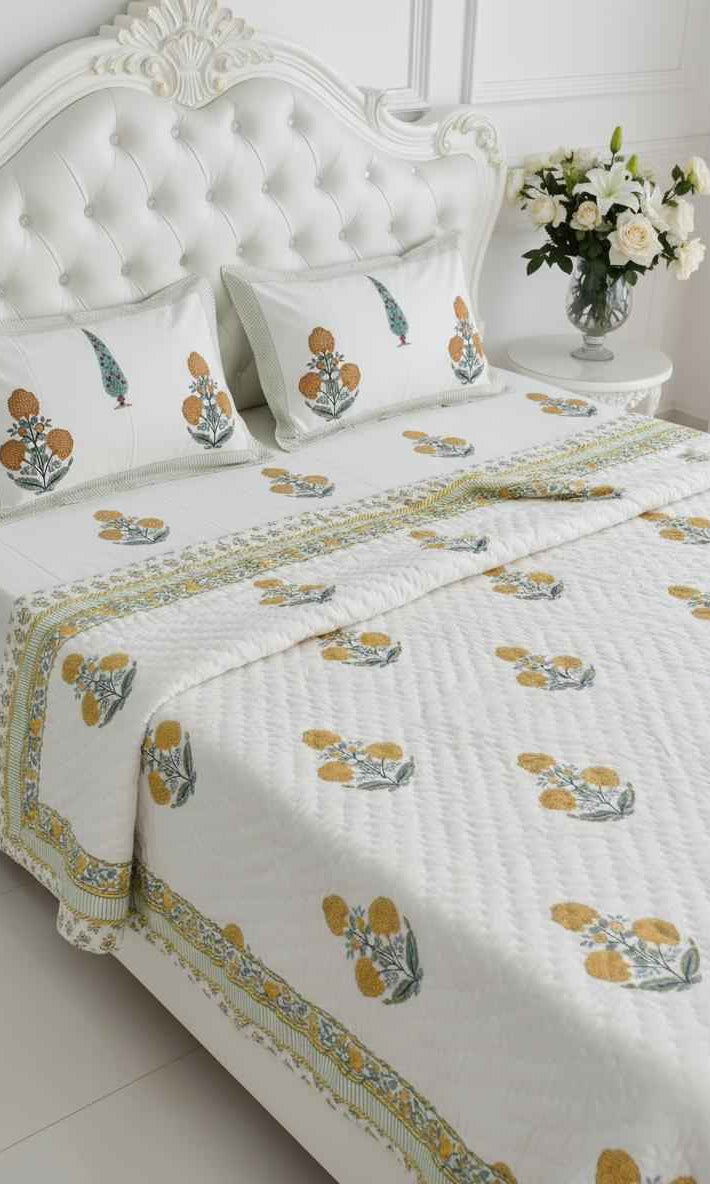 Cotton Quilt Hand Block Bedding Set – Yellow Marigold