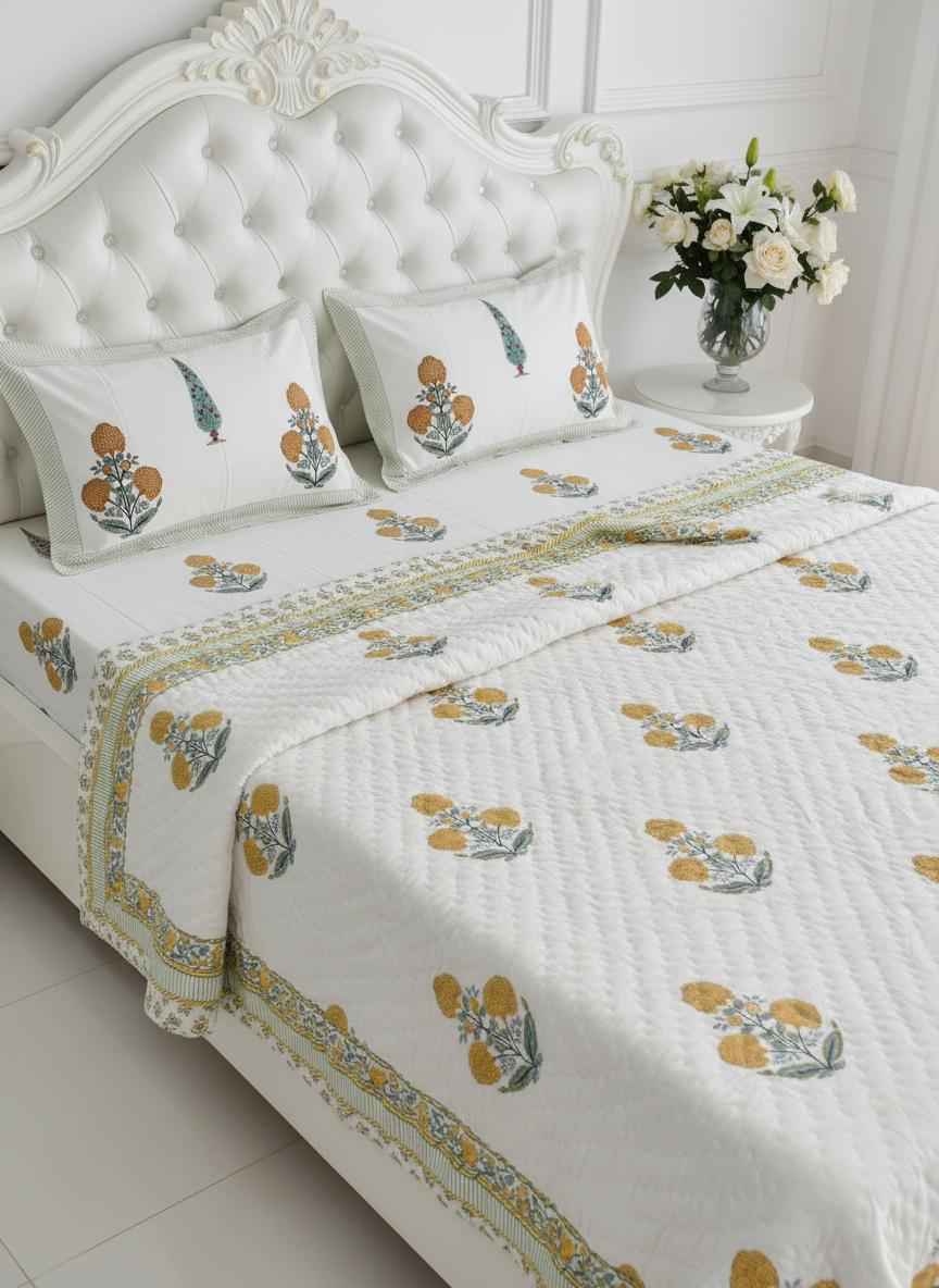 Cotton Quilt Hand Block Bedding Set – Yellow Marigold