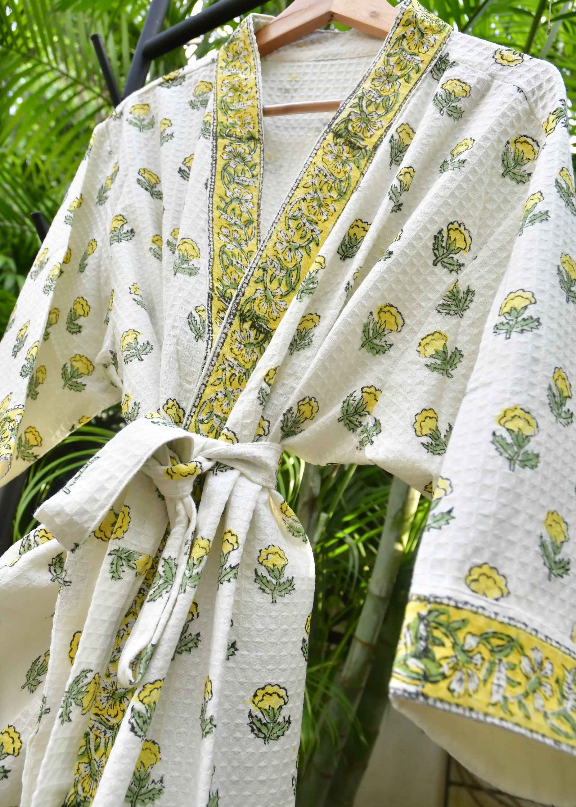 Yellow Buti HandBlock Waffle Cotton Bathrobe