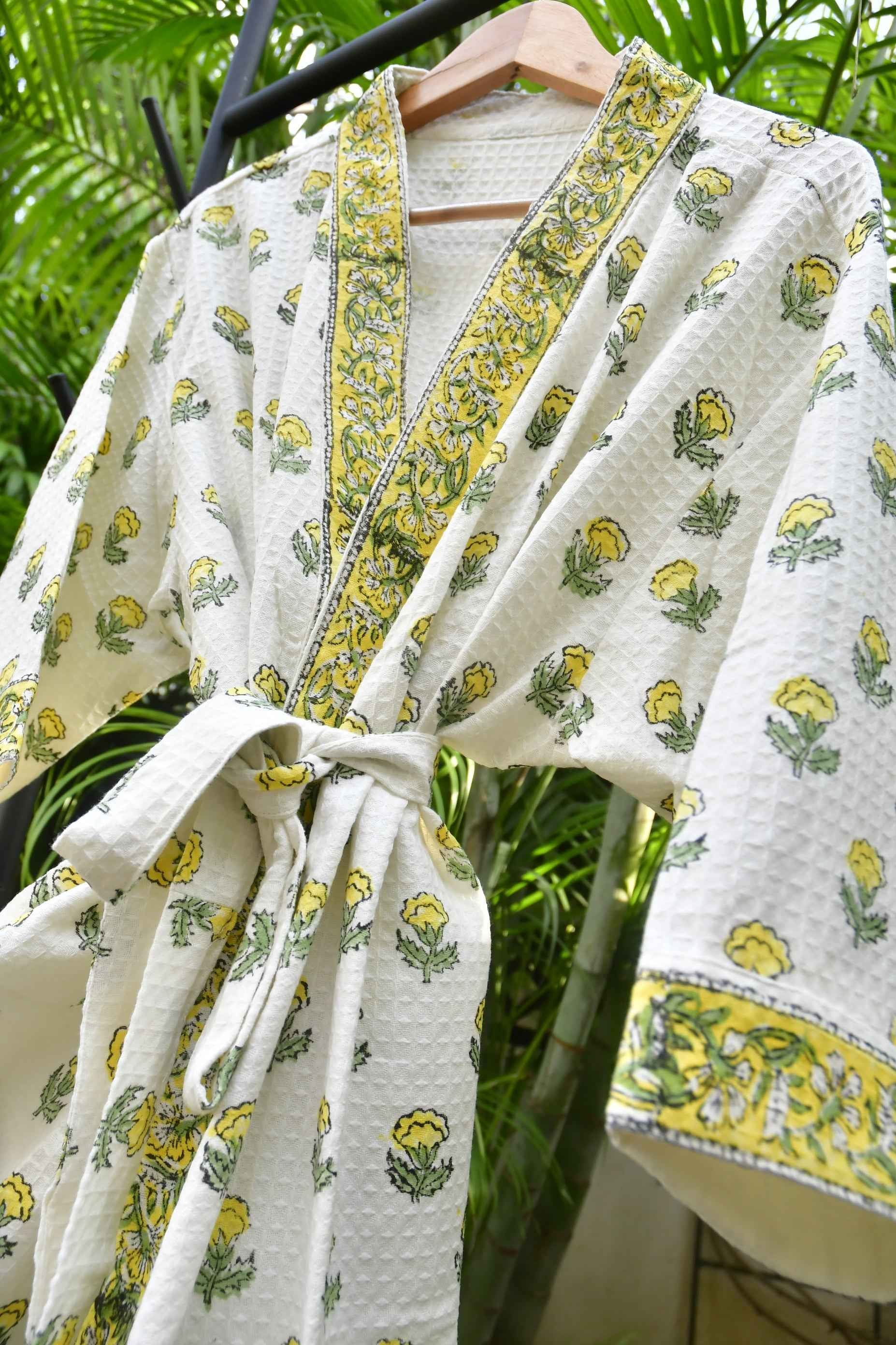 Yellow Buti HandBlock Waffle Cotton Bathrobe