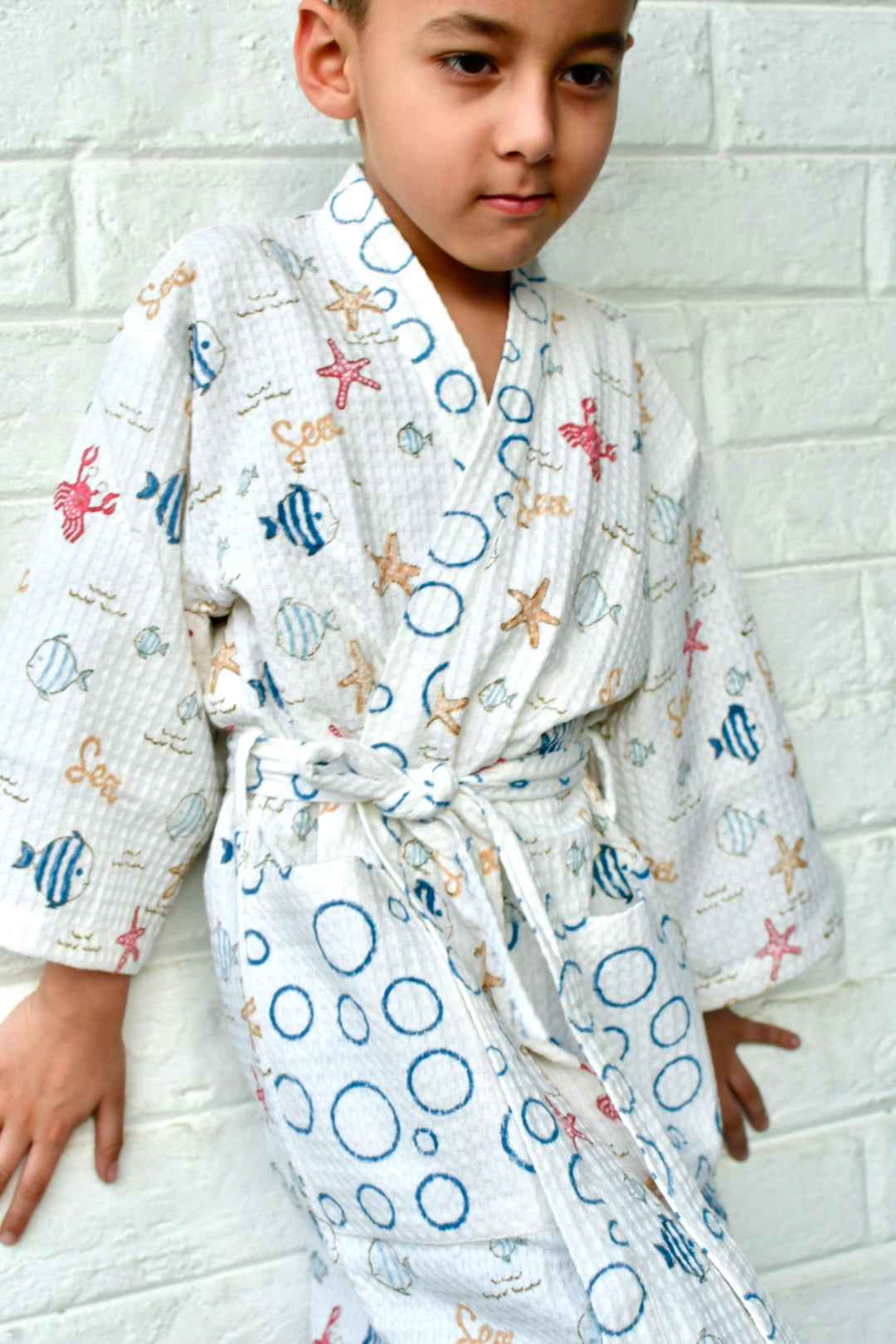 Kids HandBlock Premium Waffle Cotton Bathrobe Sea World Pattern