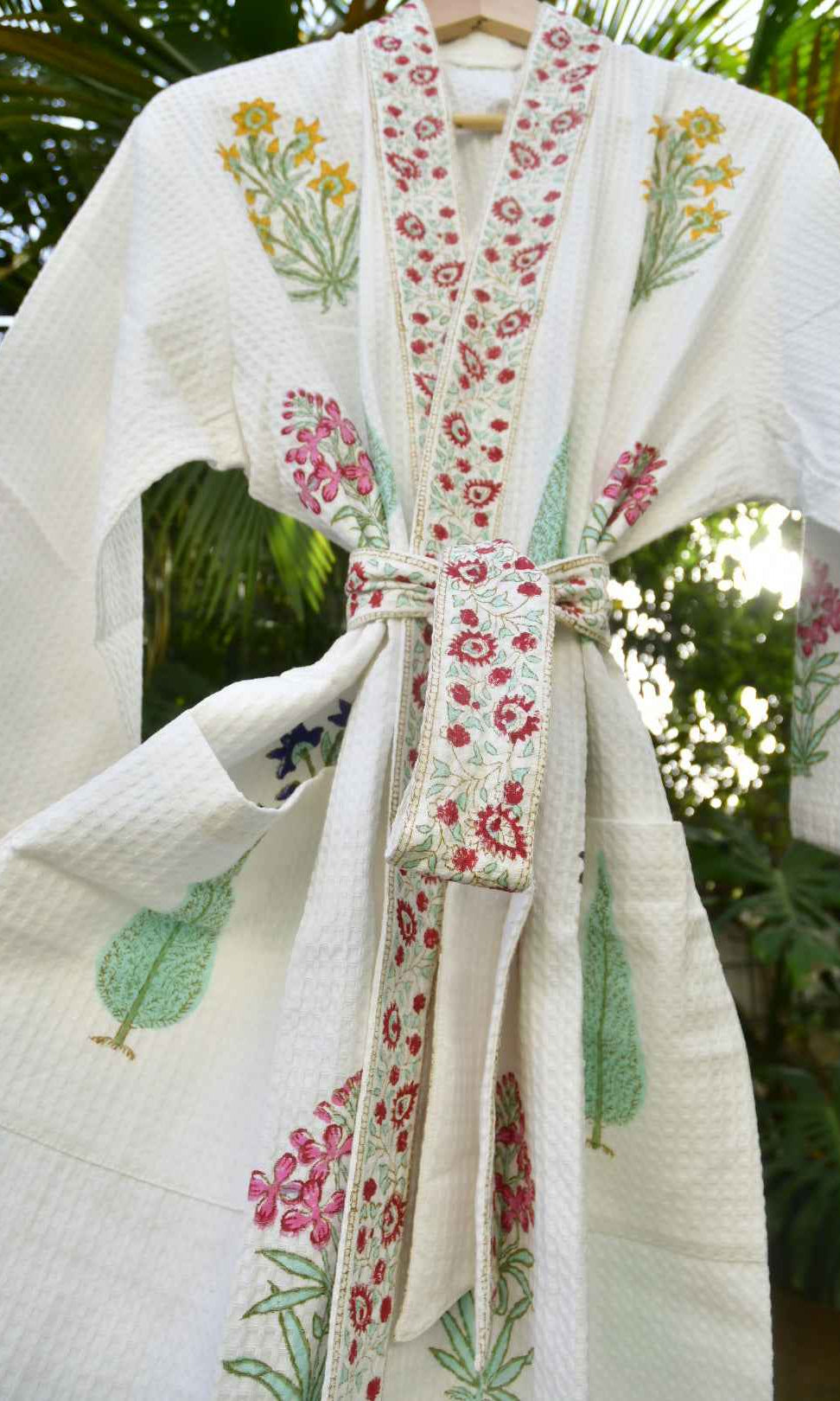 Cotton Bathrobe : Paanch Buta Handblock waffle robe