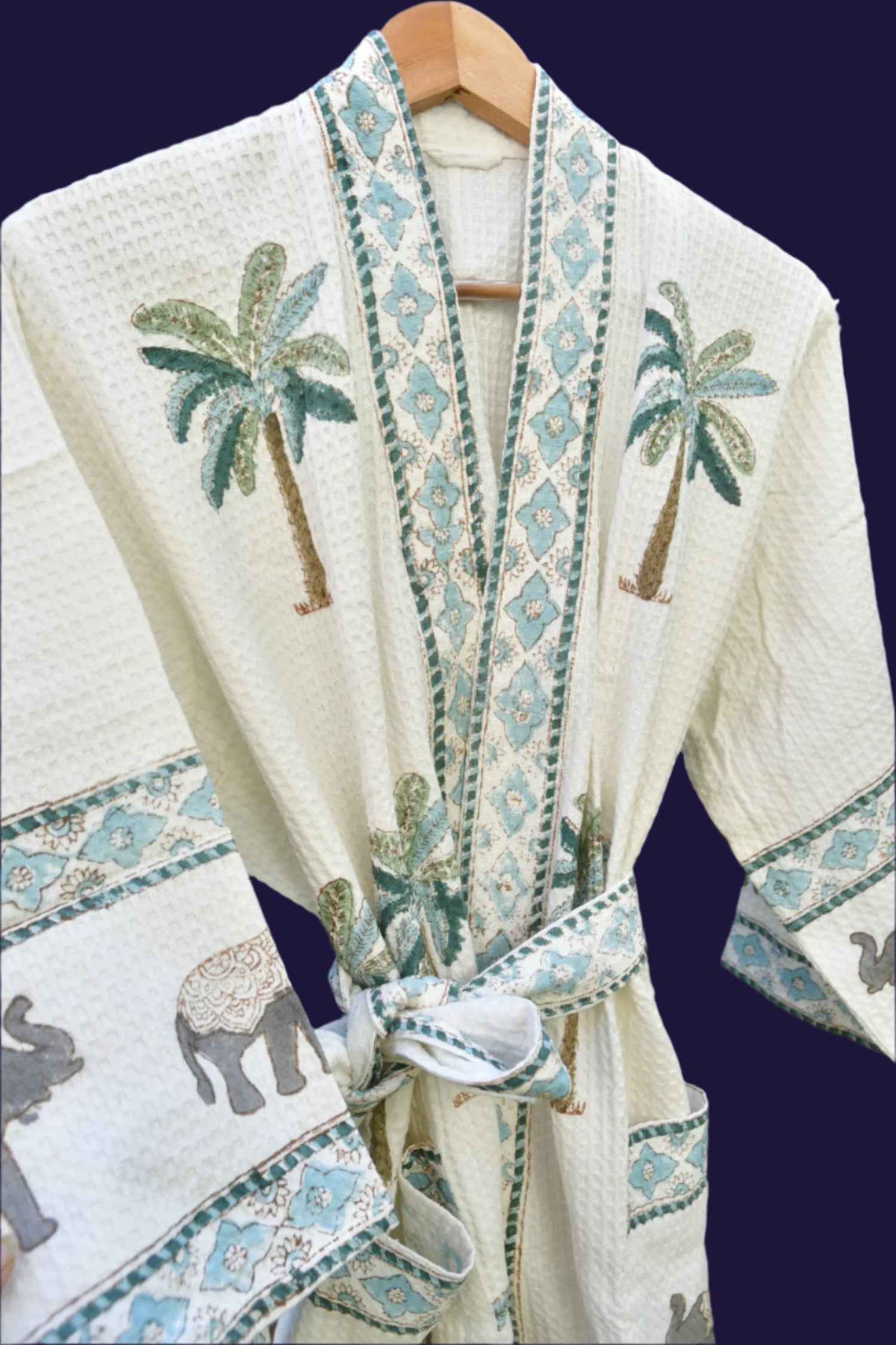 Green Palm and Elephant Handblock Bathrobe