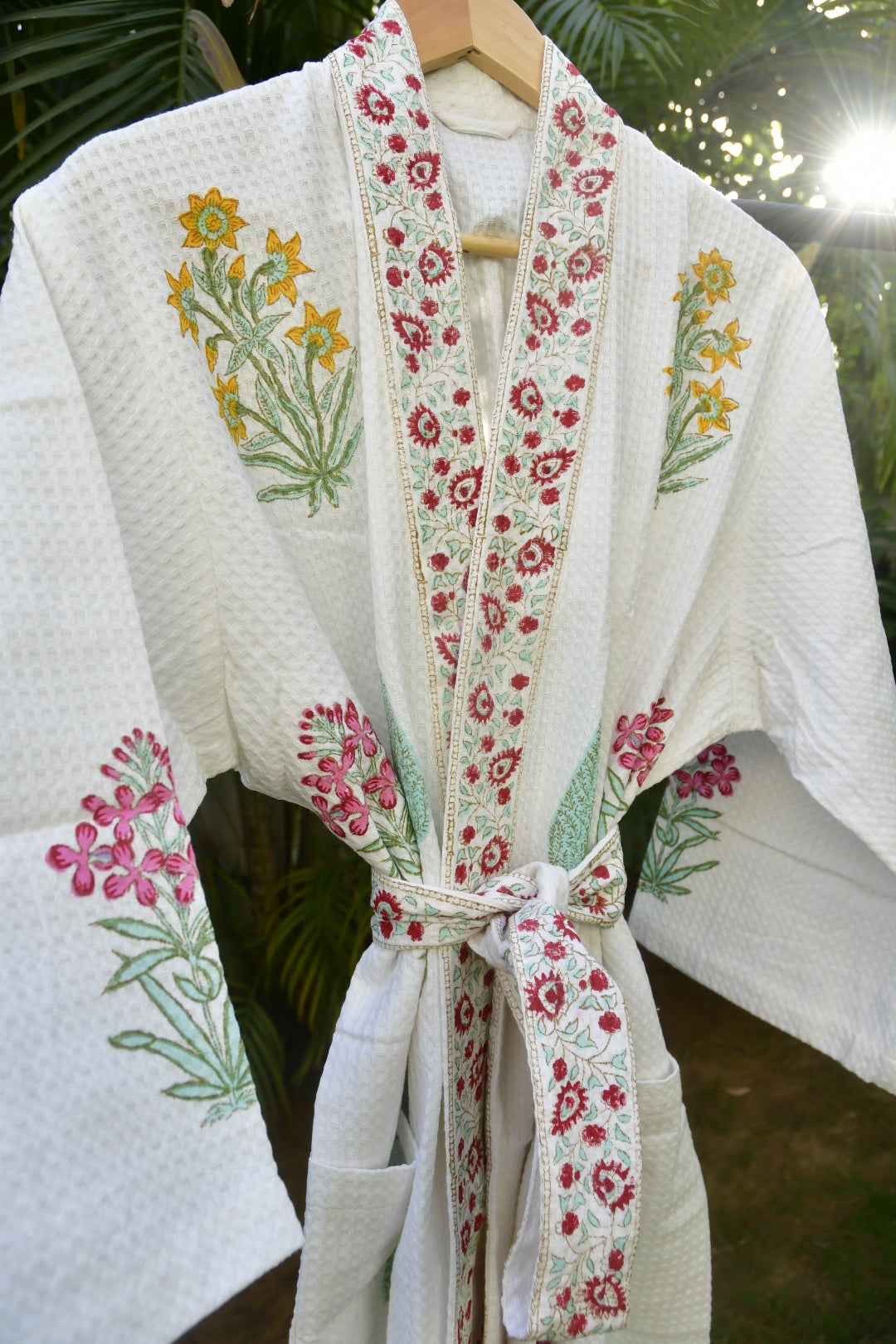 Cotton Bathrobe : Paanch Buta Handblock waffle robe