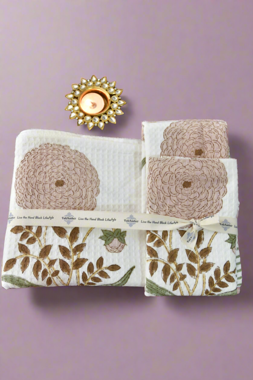 Pink Phool Handblock Towel
