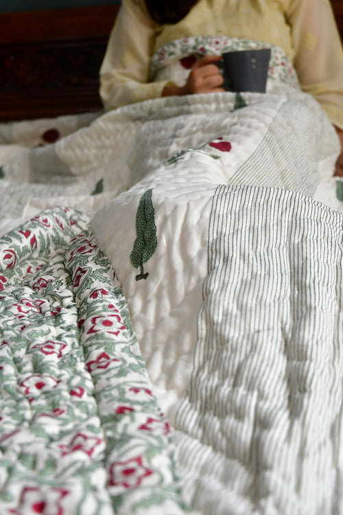 Cypress n Red flower  Quilt / Rajai - Handblock, Premium, organic, cotton