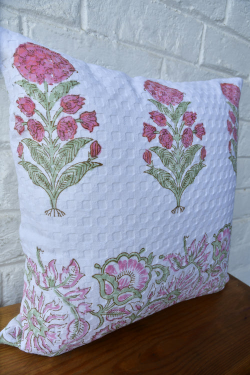 Waffle cotton pink HandBlock cushion cover