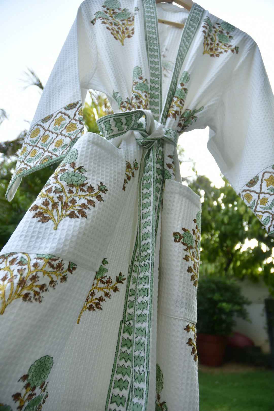 Soft Green Jaal Buta Handblock waffle Cotton Bathrobe