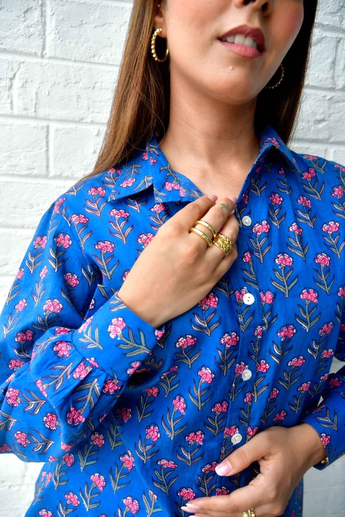 Pink Buti On Water Blue Cotton Shirt