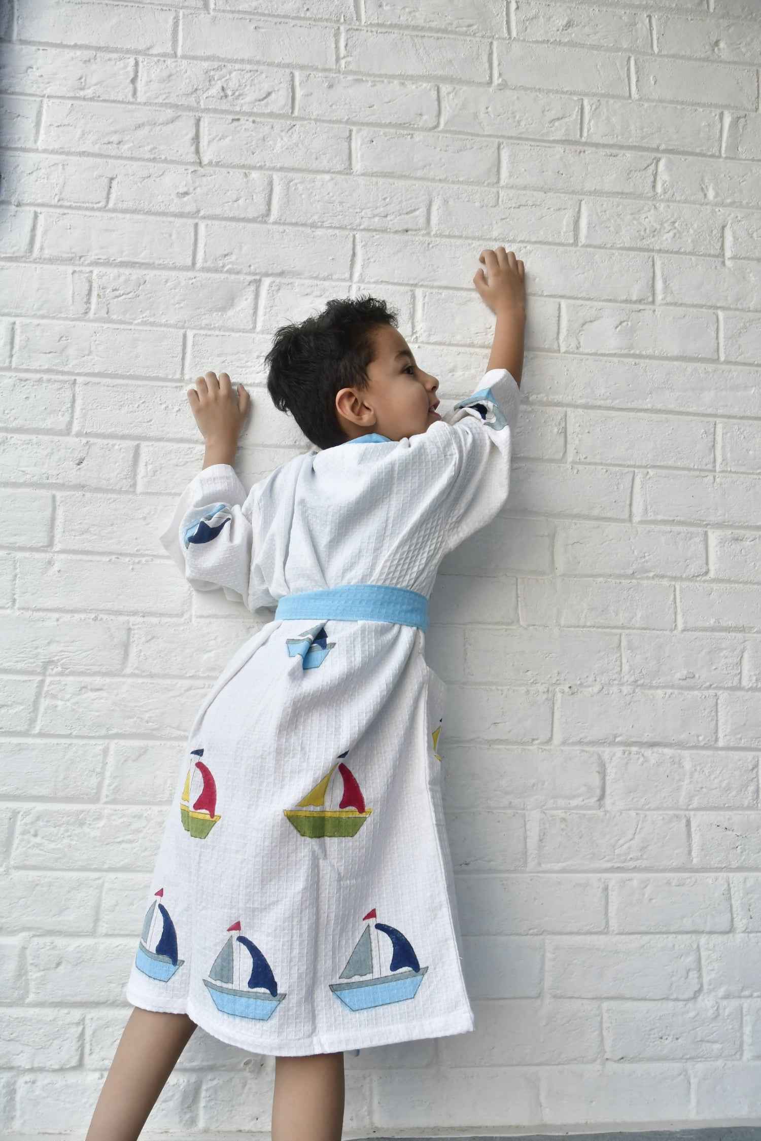 Kids HandBlock Premium Waffle Cotton Bathrobe Boat Pattern