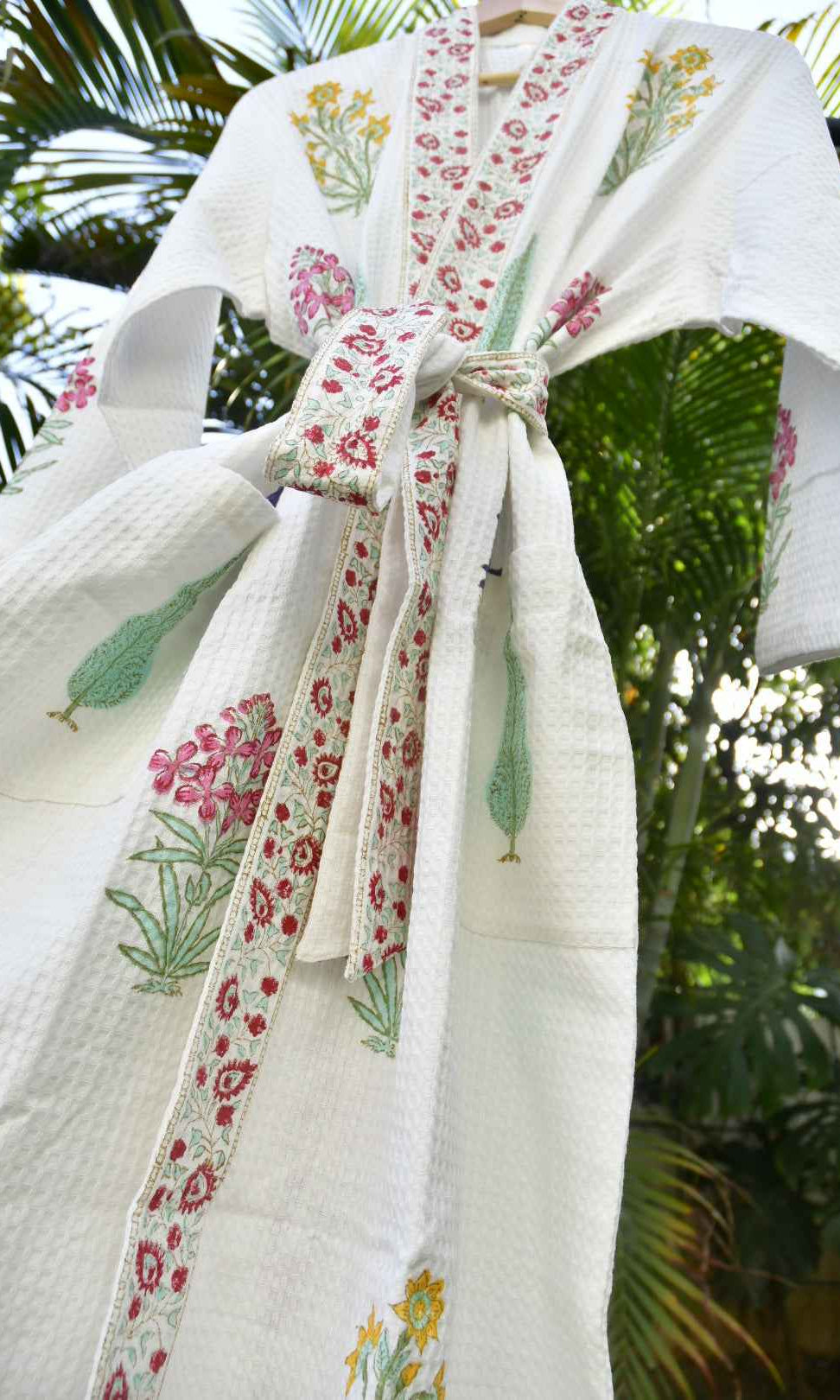 Cotton Bathrobe : Paanch Buta Handblock waffle robe