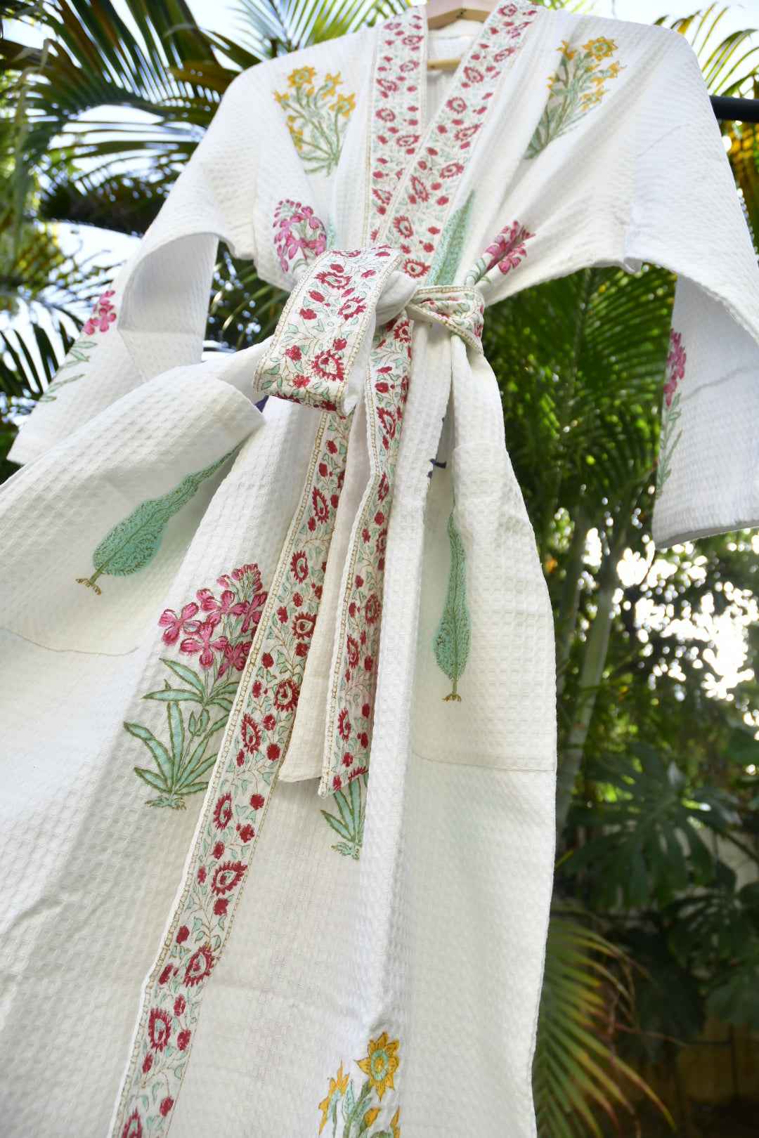 Cotton Bathrobe : Paanch Buta Handblock waffle robe