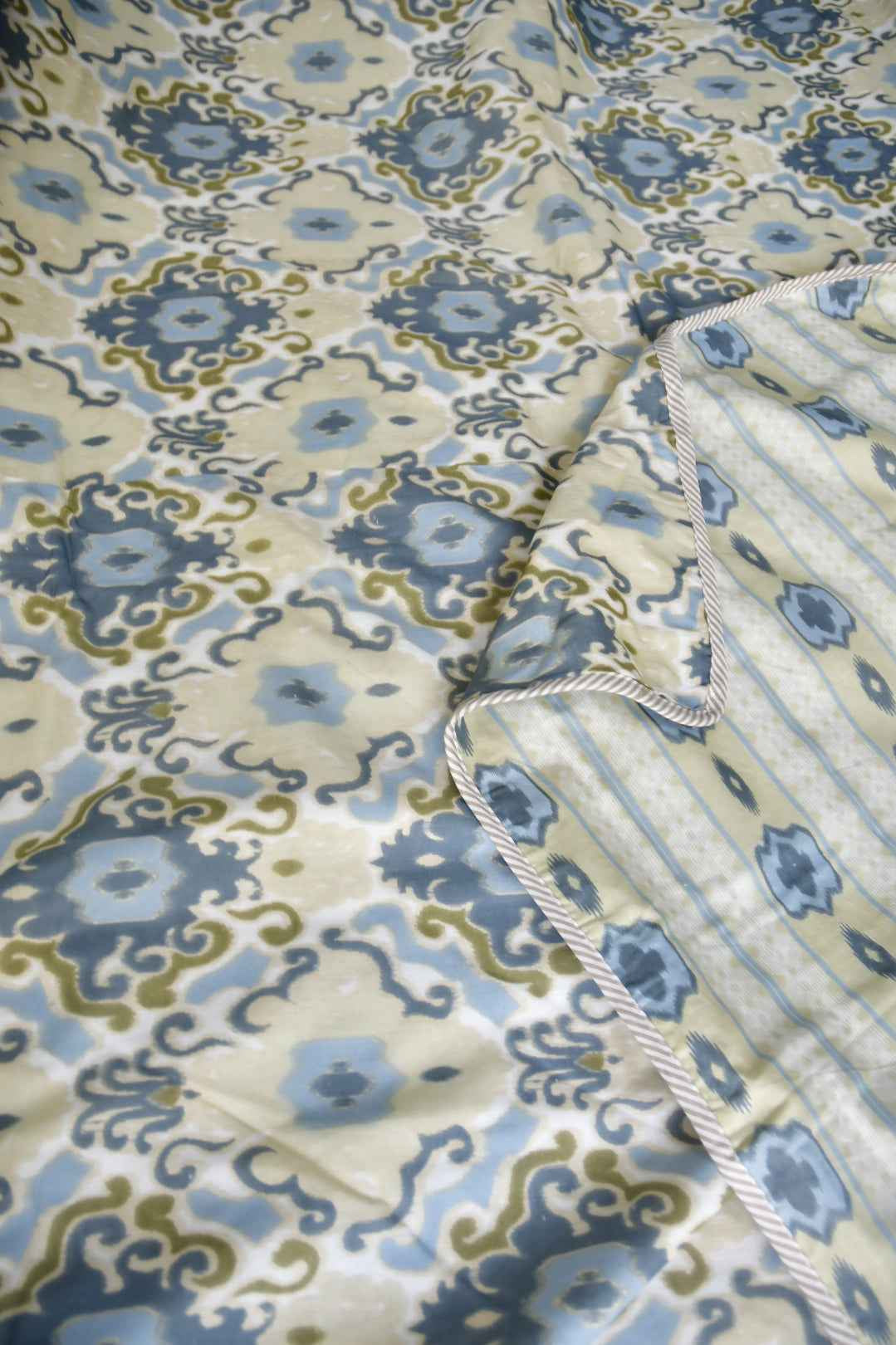 Blue Ikkat Reversible Mul Mul Handblock Cotton Dohar