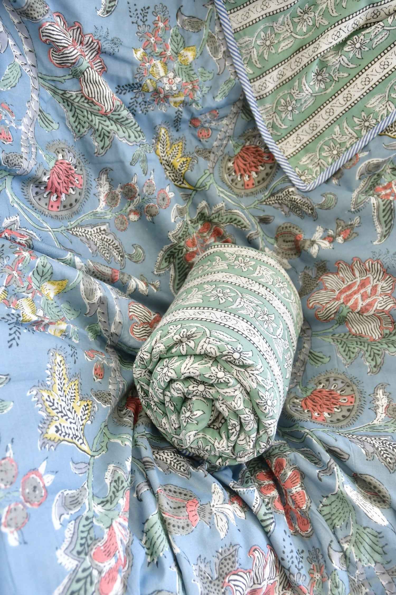 Teal Blue Floral Print Dohar ( set of 2) : Light Comfort