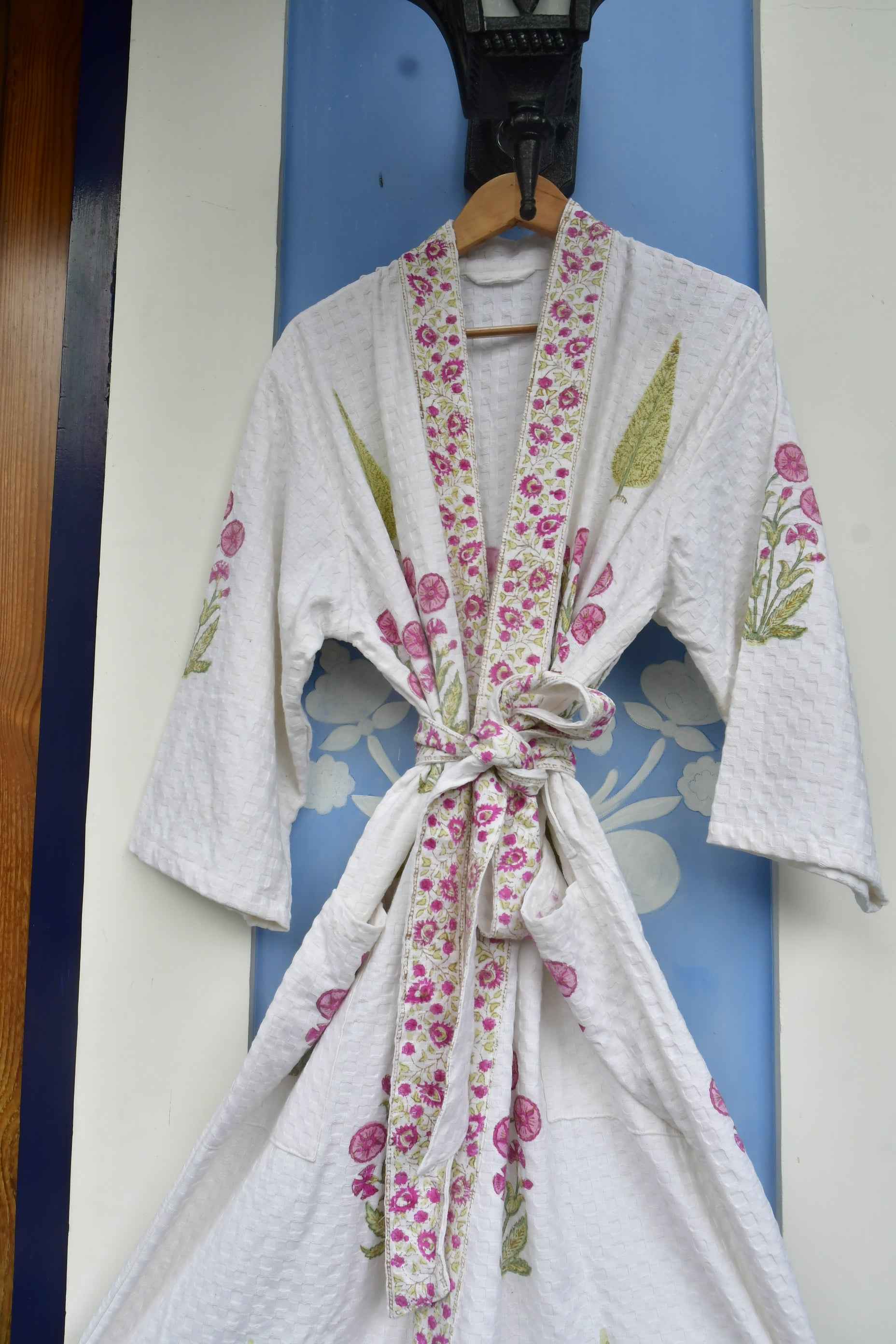 Pink floral and Green Cypress Leaf Bathrobe
