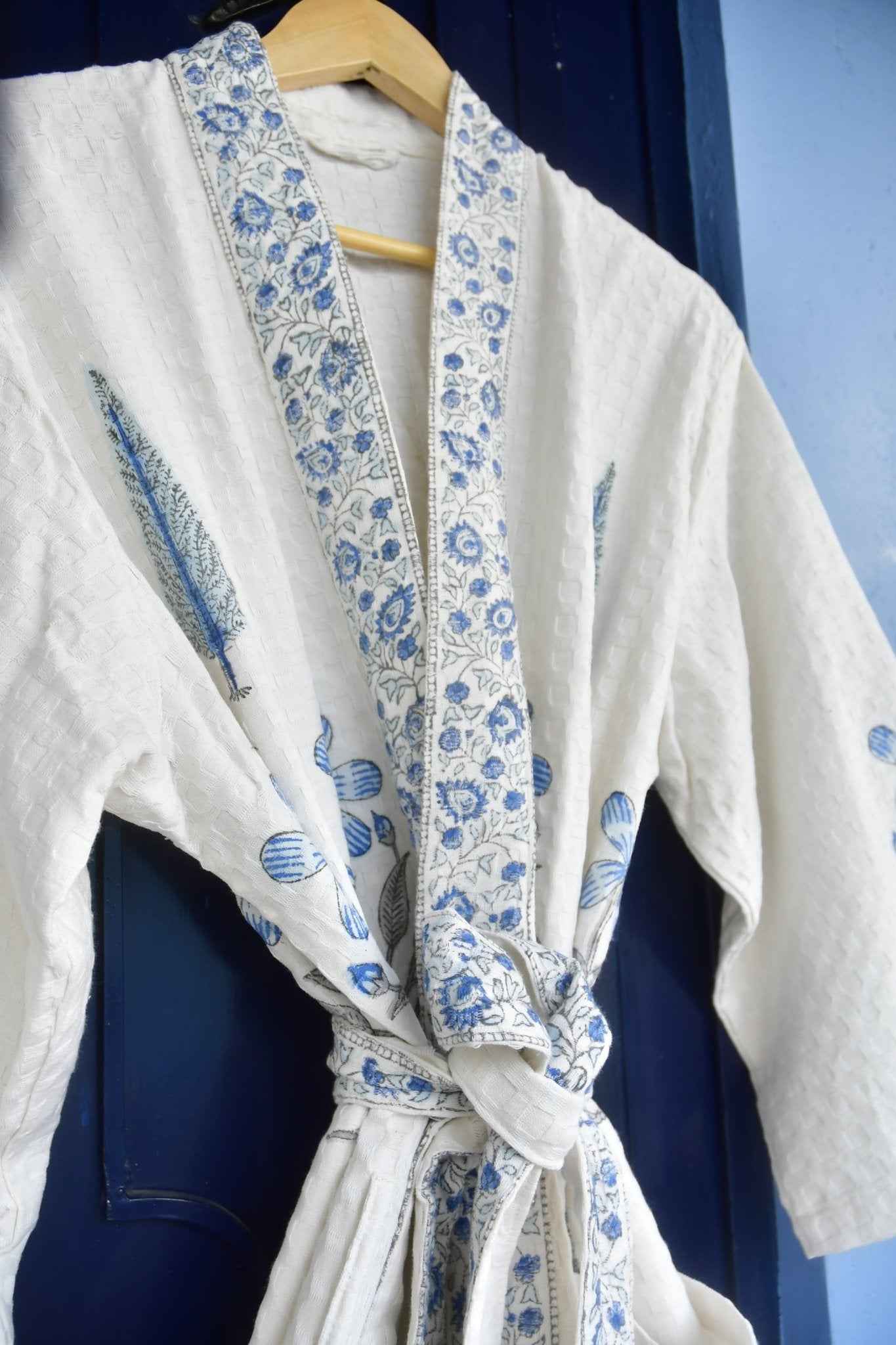 Blue Floral and Cypress Waffle Cotton Bathrobe