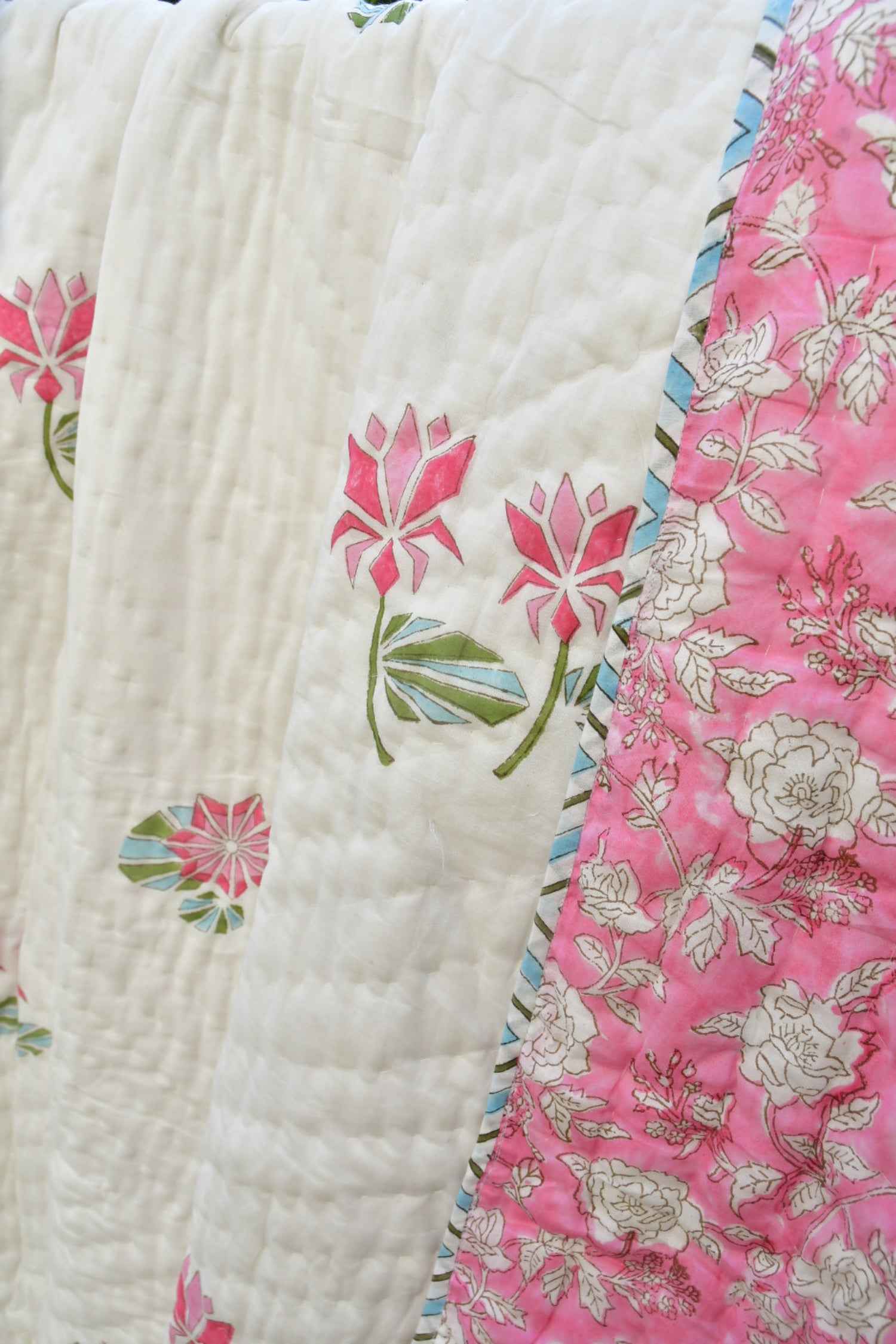 Pink Lotus Handblock Reversible Quilt : Warmth & Style