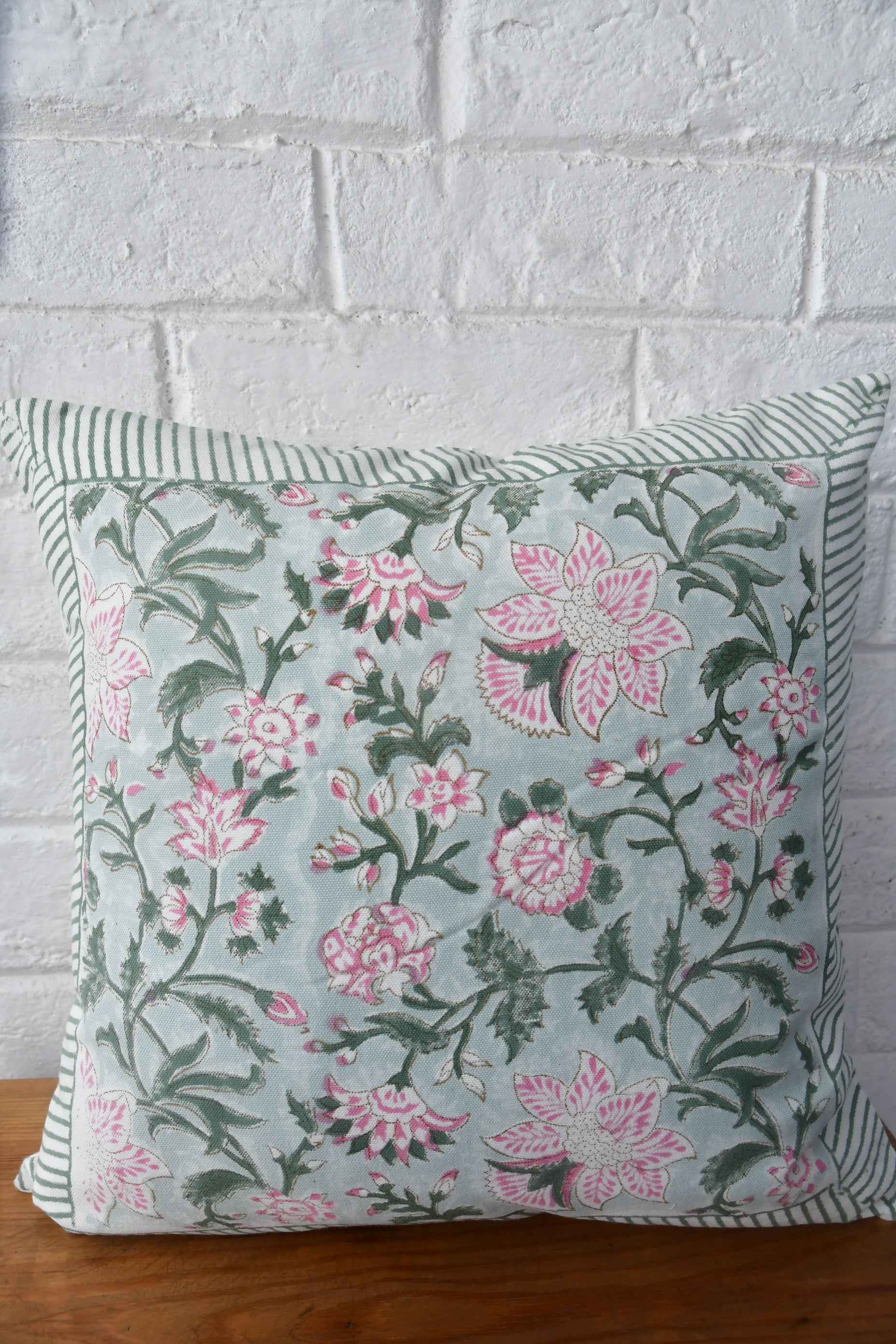 Sea Green & Pink Floral Cushion: Coastal Charm Meets Indian Block Prints