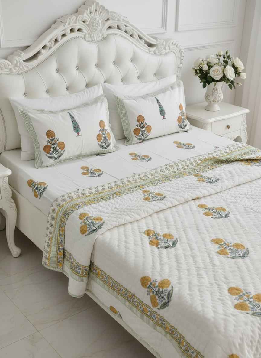 Cotton Quilt Hand Block Bedding Set – Yellow Marigold