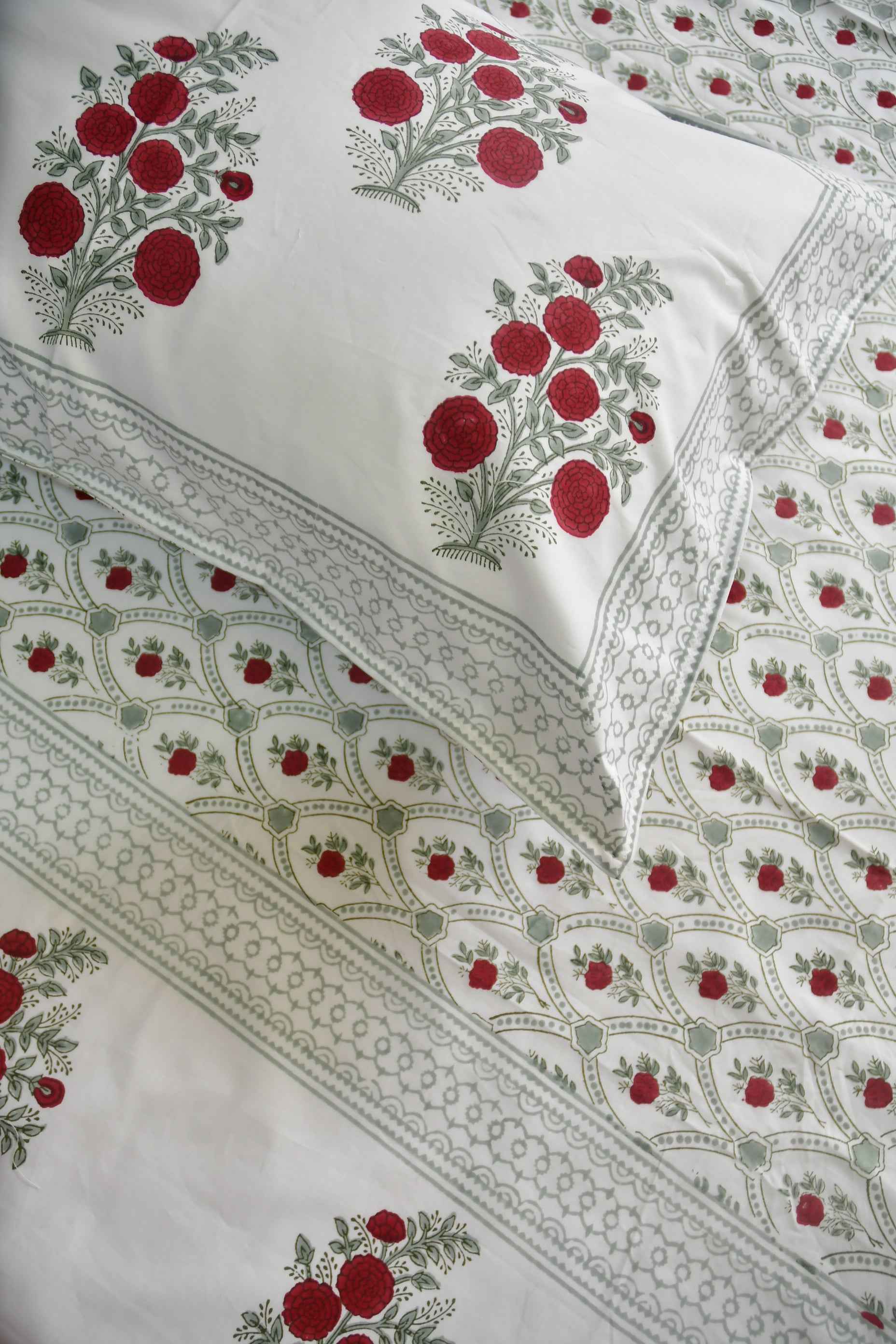 Red Flower Jaal Buta Premium Hand Block Bedsheet