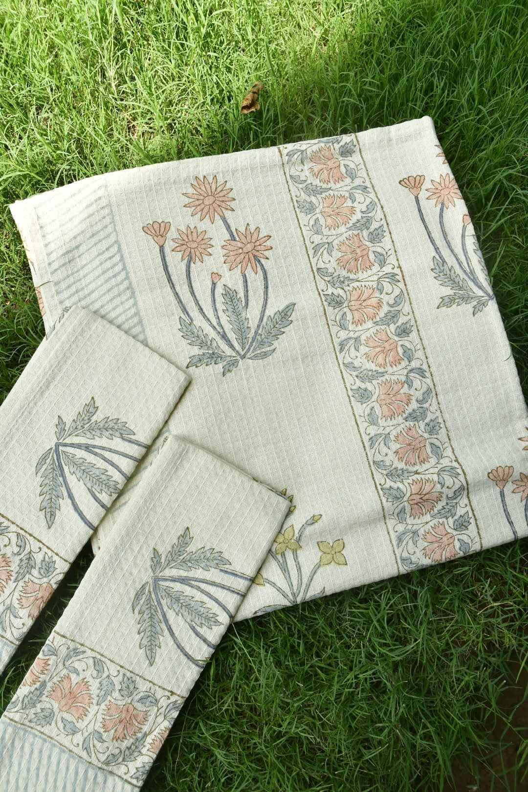 Saffron Buta on Beige Bath & Hand Towel Set