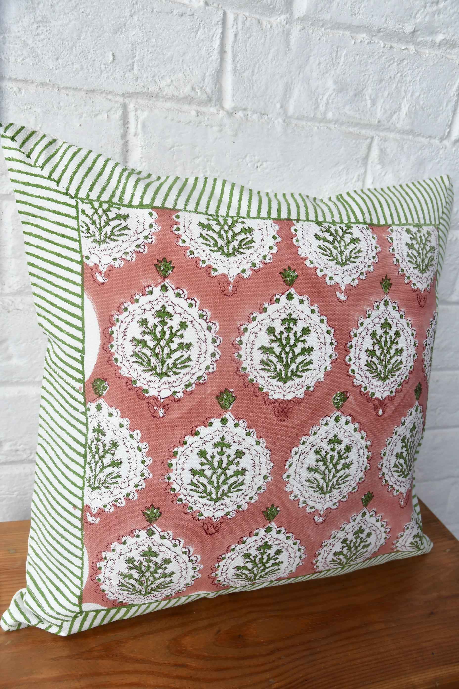 Rust & Green Hand Block Cushion Cover