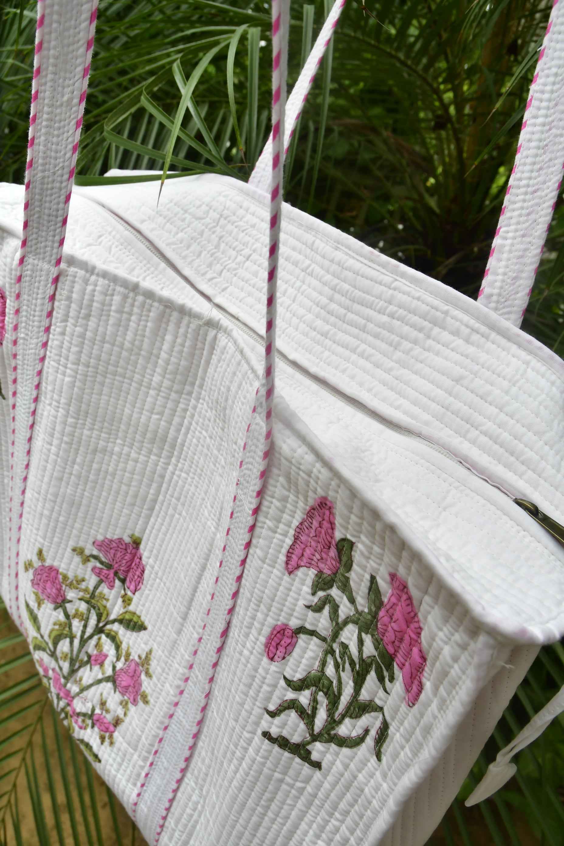 Pink Buta Zipper Tote Bag: Hand-Blocked Beauty