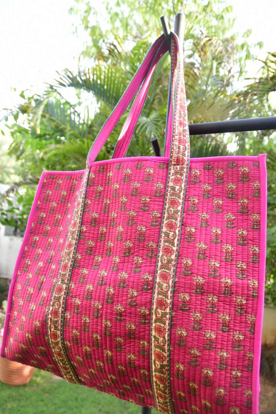 Premium Royal Pink Floral Tote Bag: Hand-Blocked Beauty