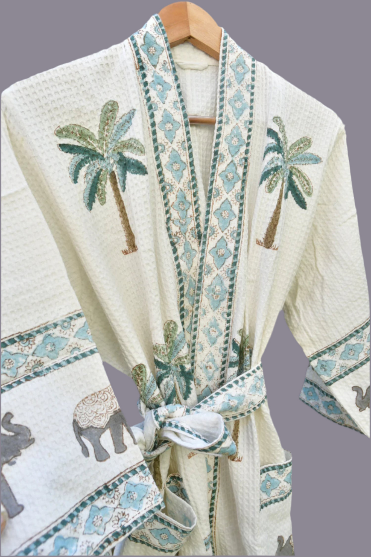 Green Palm and Elephant Handblock Bathrobe