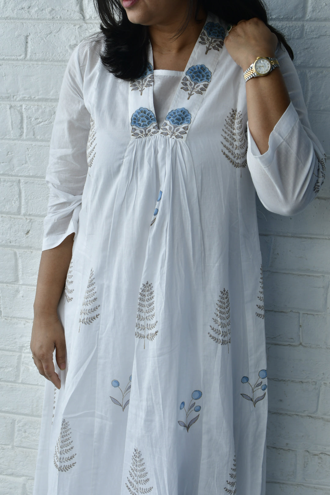 Blue and White Handblock Kurta Dress