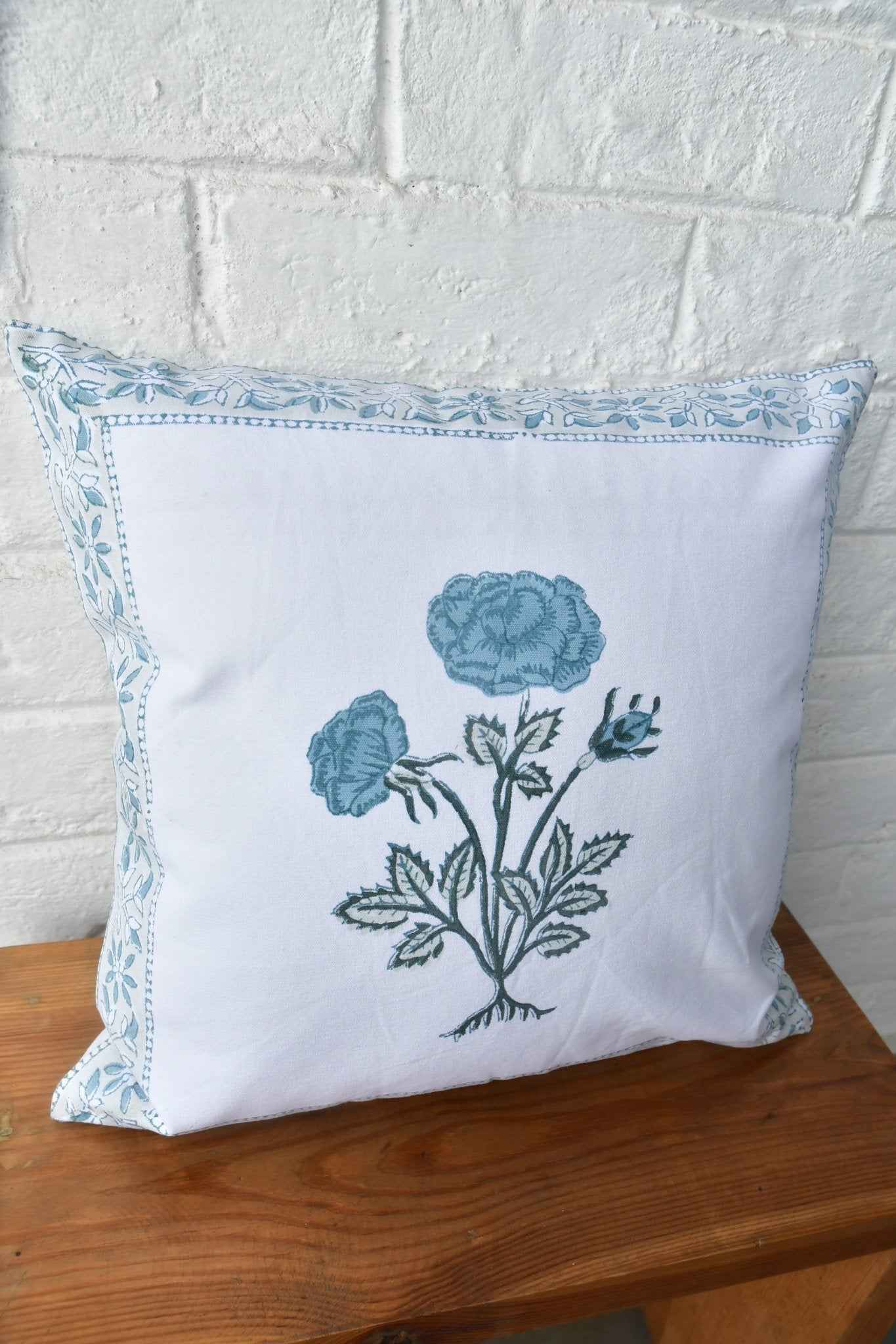 Blue Rose HandBlock Cotton Cushion Cover