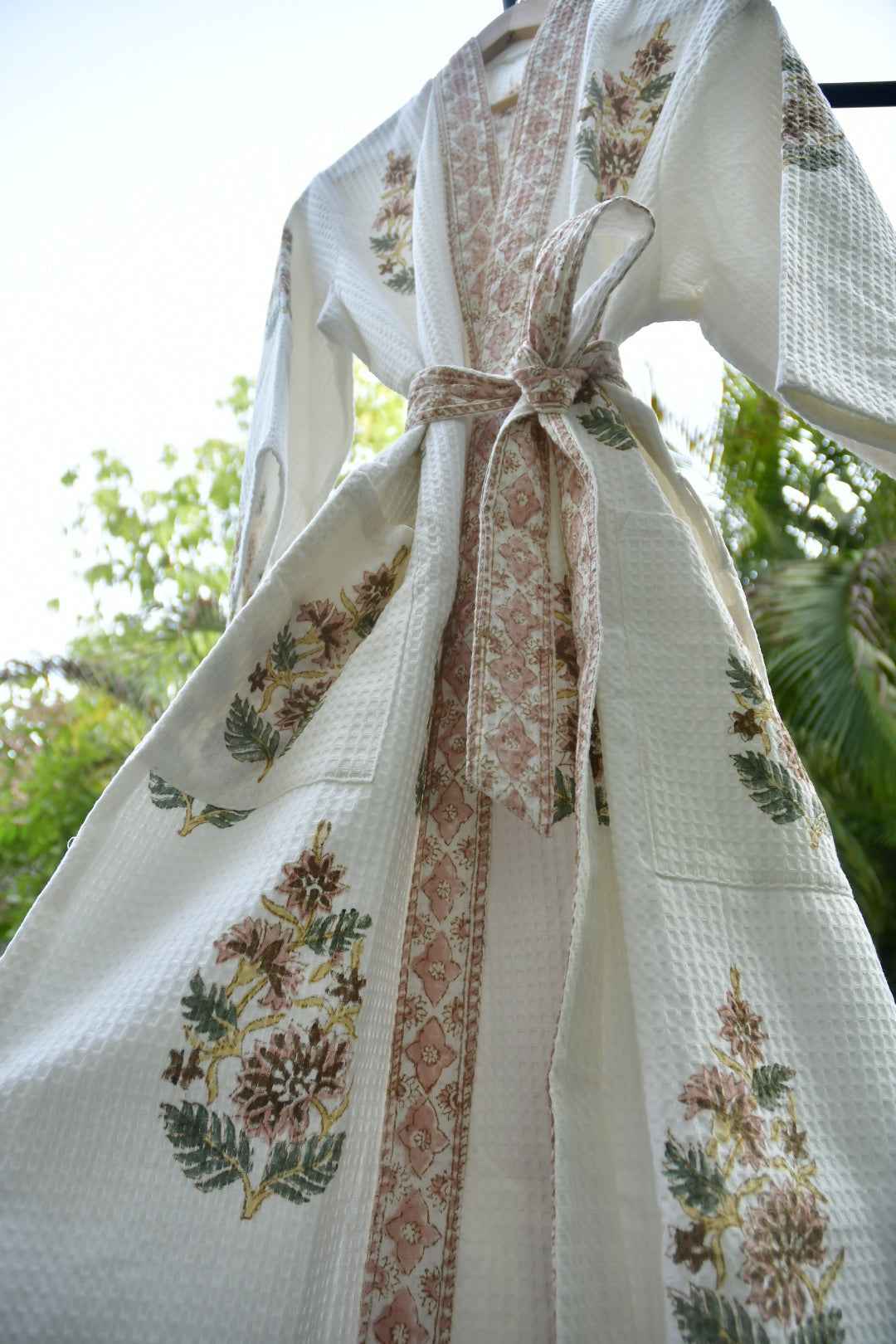 Royal Peach Buta Handblock waffle Cotton Bathrobe