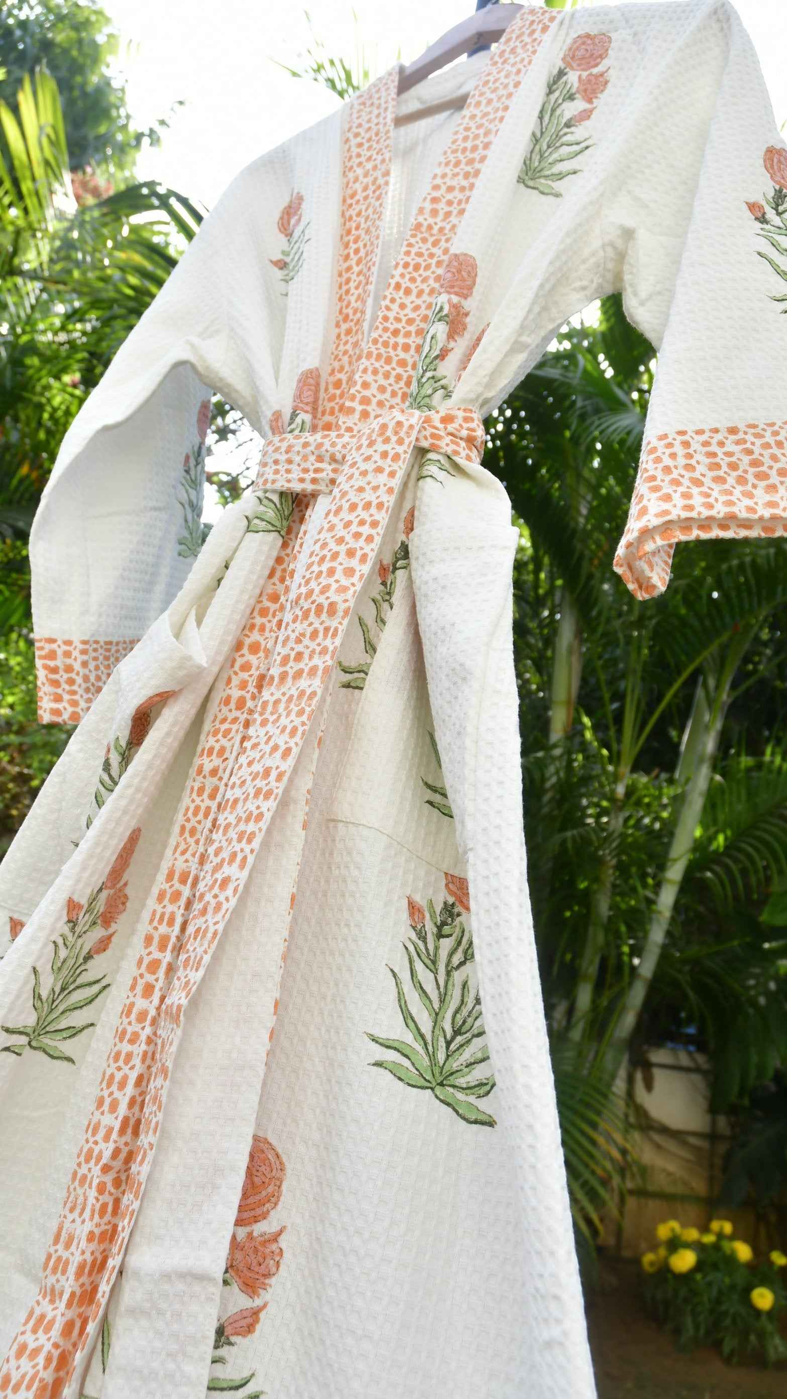 Peach Floral Handblock Waffle Cotton Bathrobe