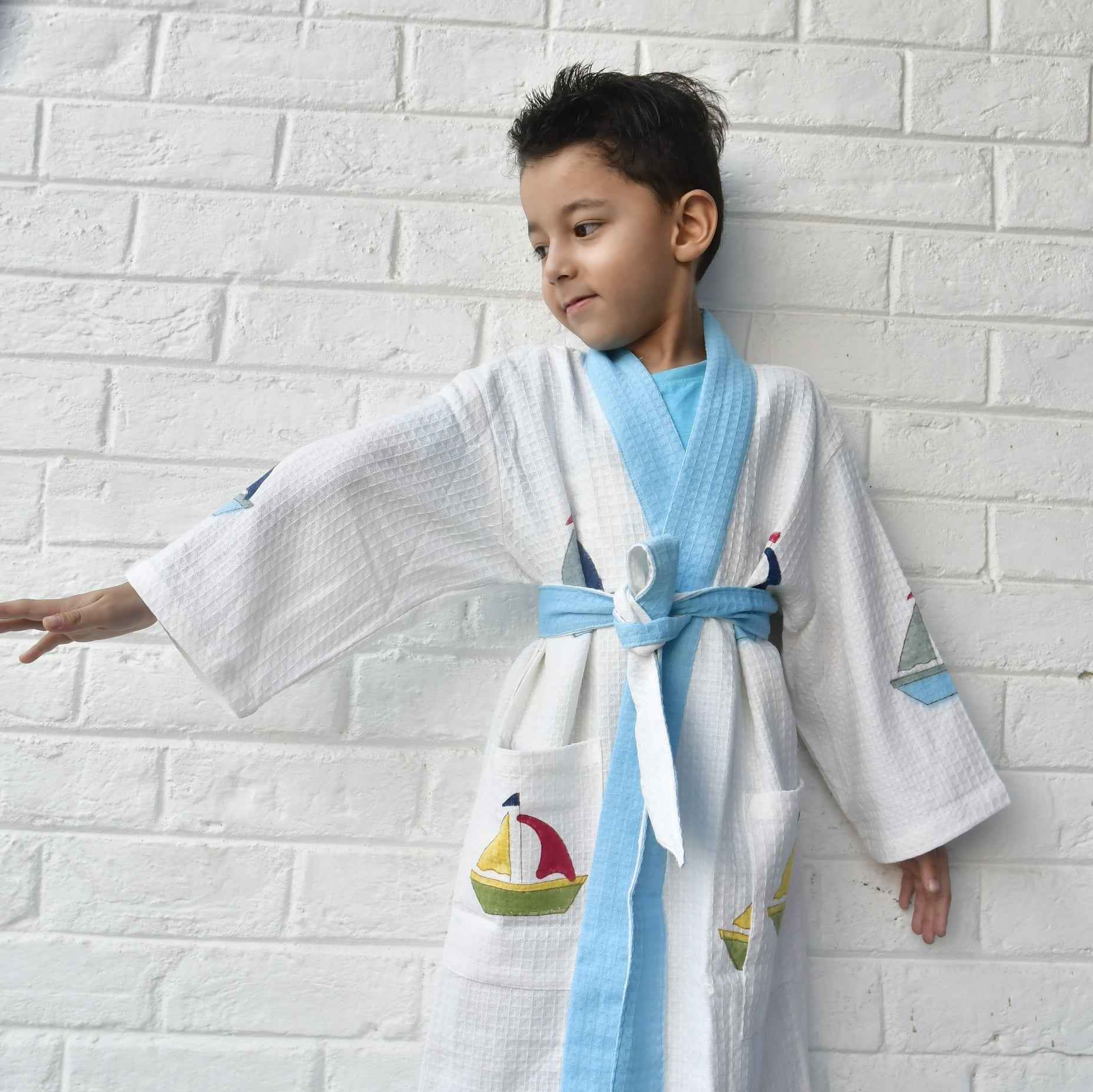 Kids HandBlock Premium Waffle Cotton Bathrobe Boat Pattern