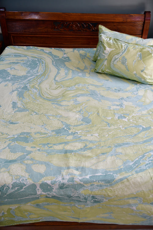 Green Blue Marble Double Hand Block Bedsheet