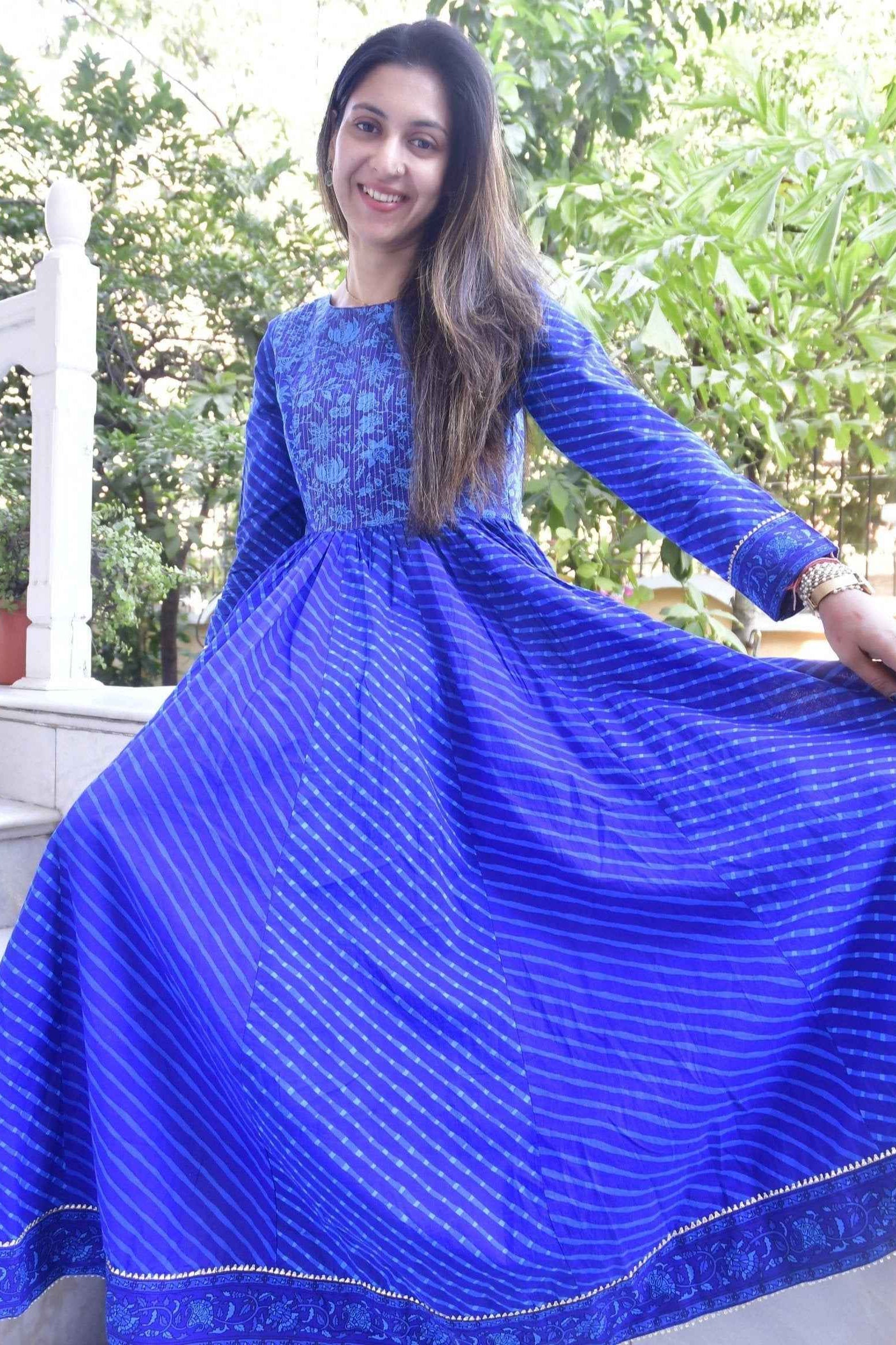 Royal Blue Lehariya Anarkali Handblock : Traditional