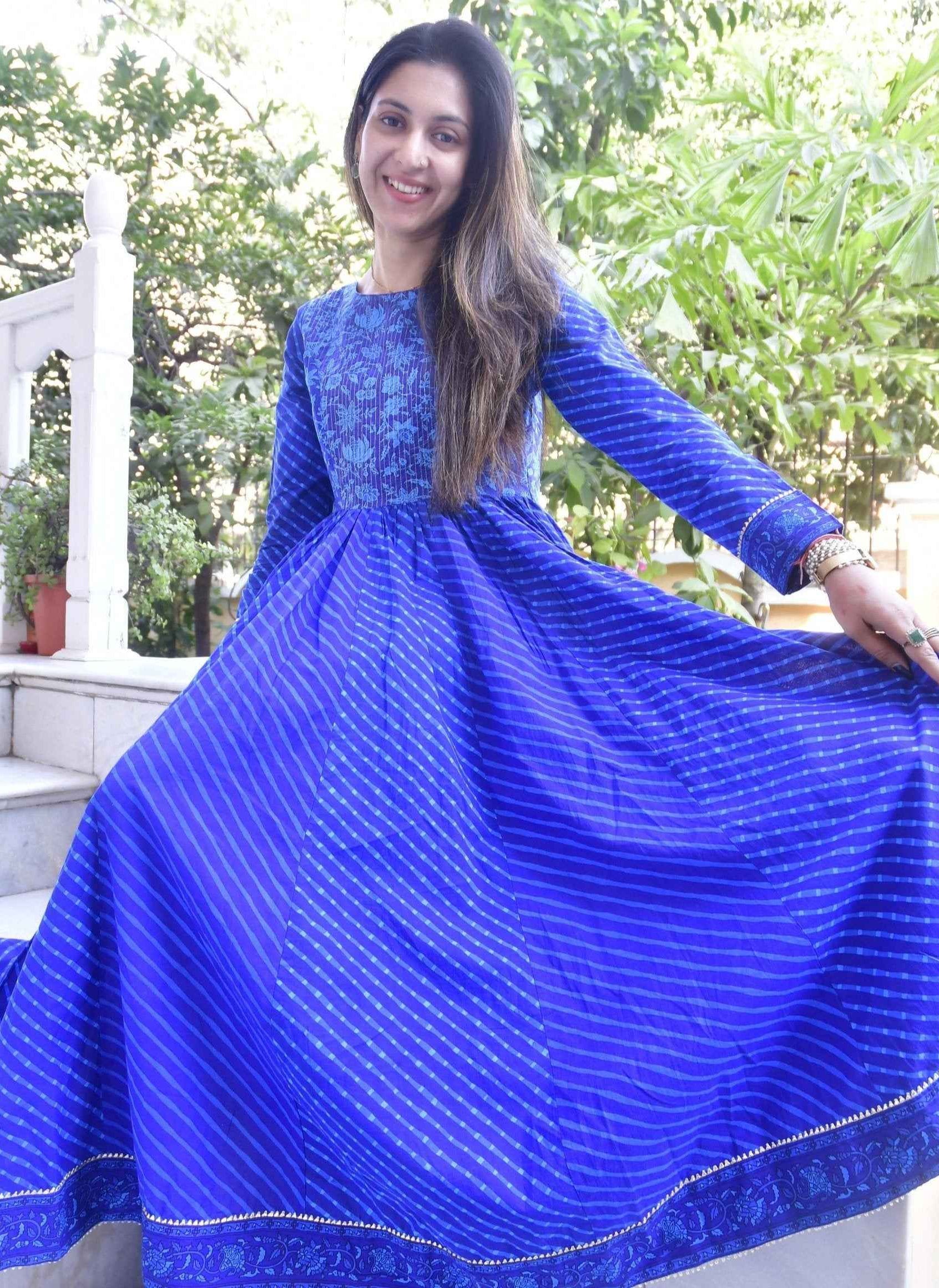 Royal Blue Lehariya Anarkali Handblock : Traditional