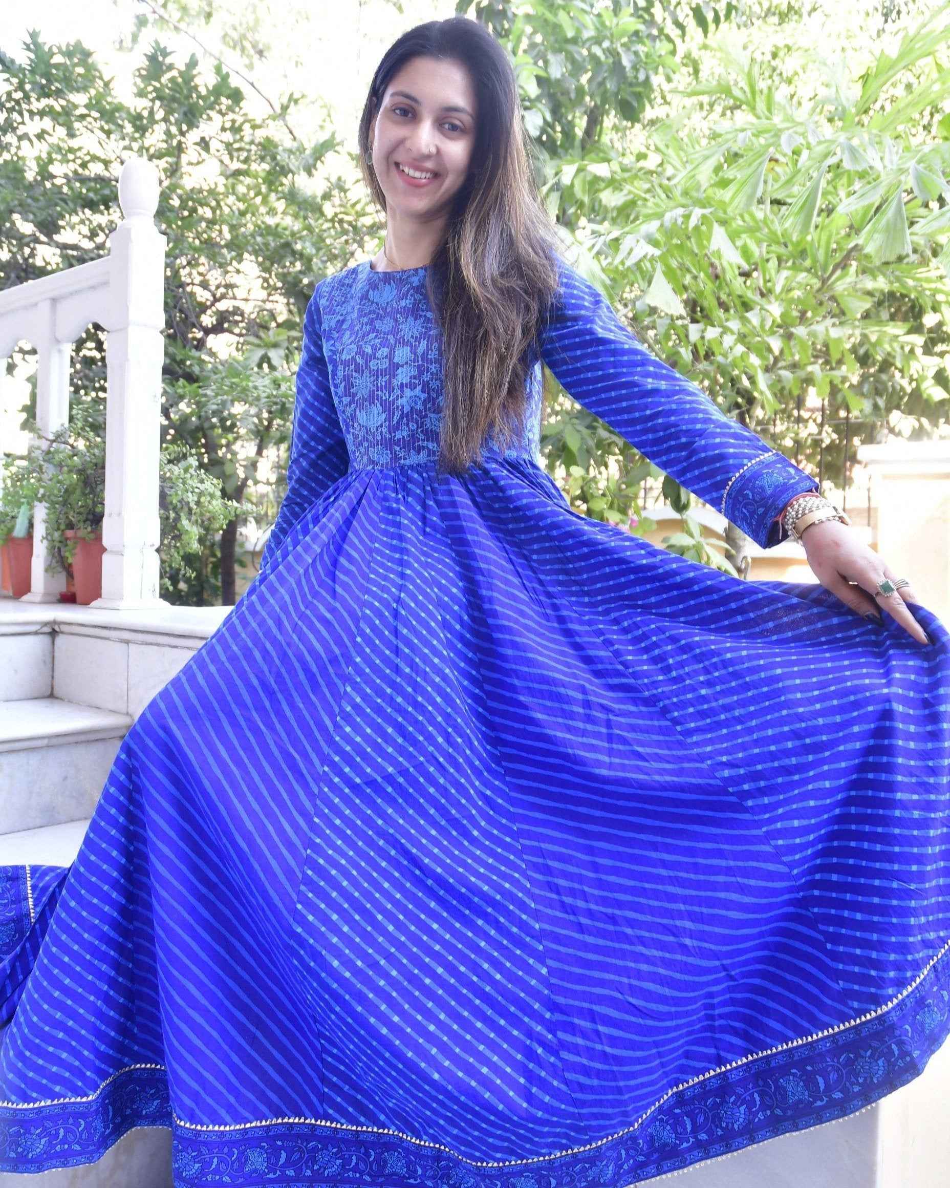 Royal Blue Lehariya Anarkali Handblock : Traditional