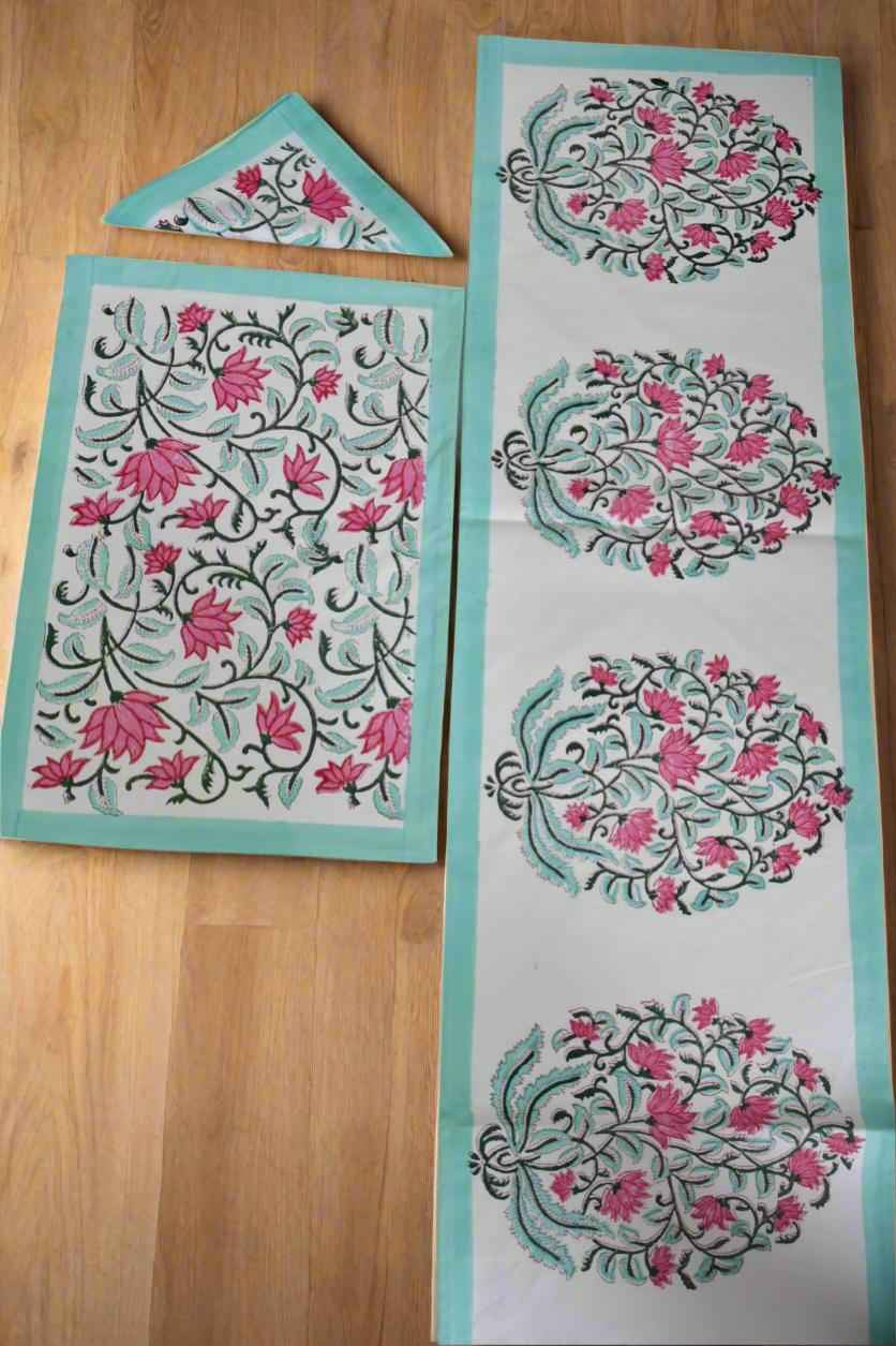 Sea Green and Pink Floral Table Mat Napkin Runner