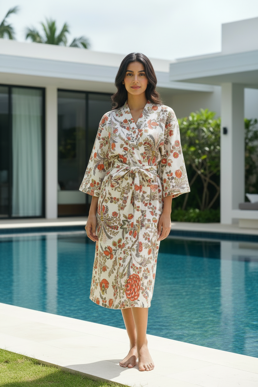 Bright Red and White Floral Waffle Bathrobe