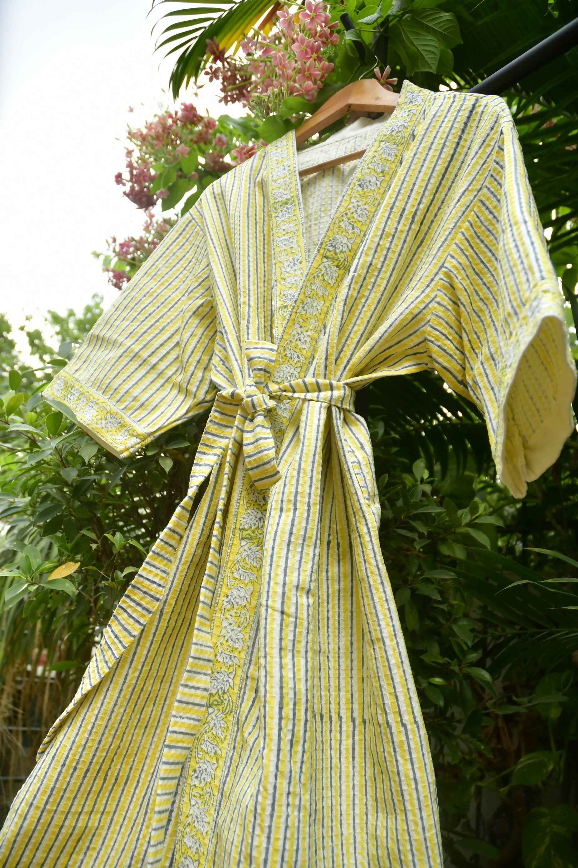 Lemon Yellow Stripe Waffle Cotton Bathrobe