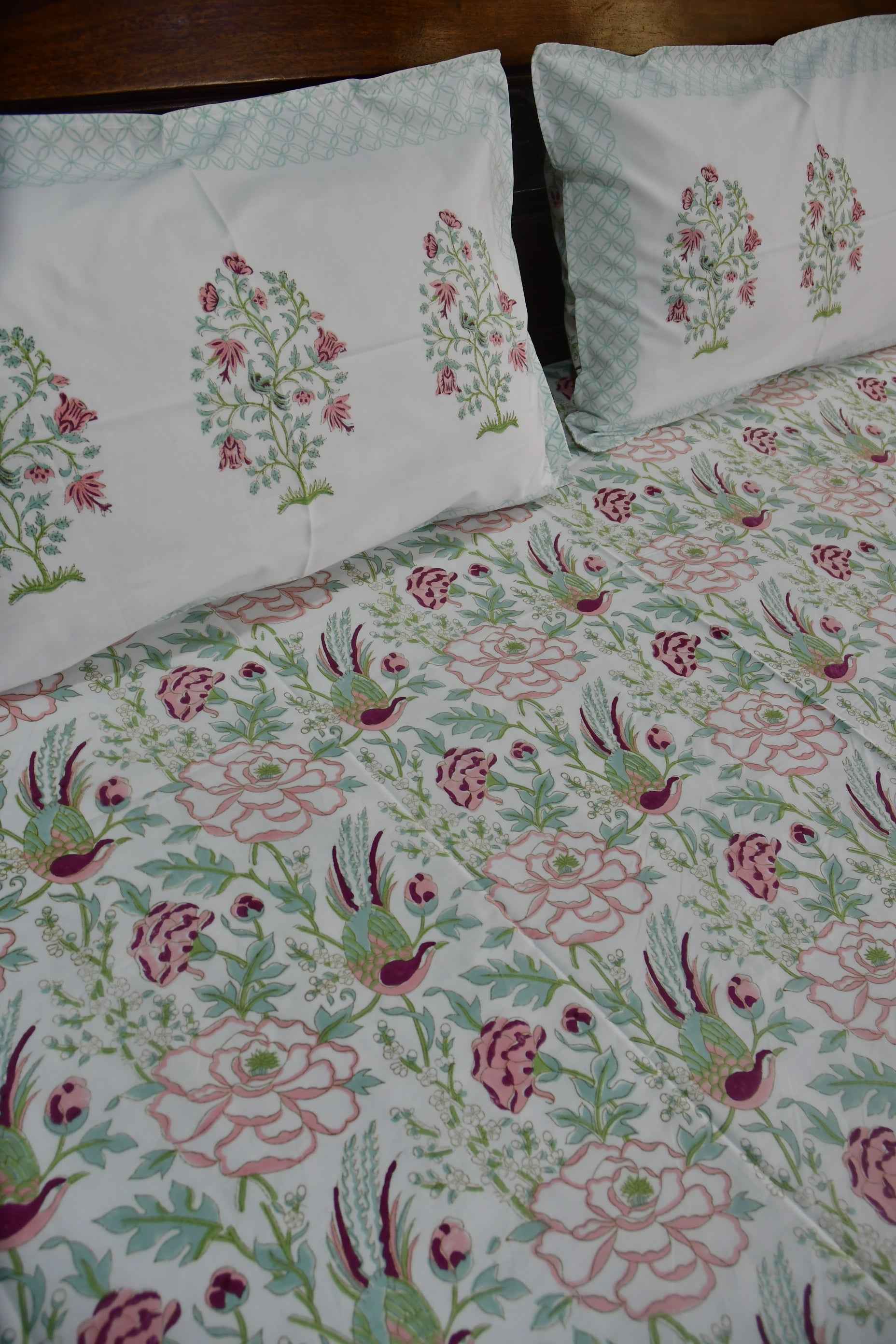 Floral and Bird Bedsheet : Handblock, Jaipuri