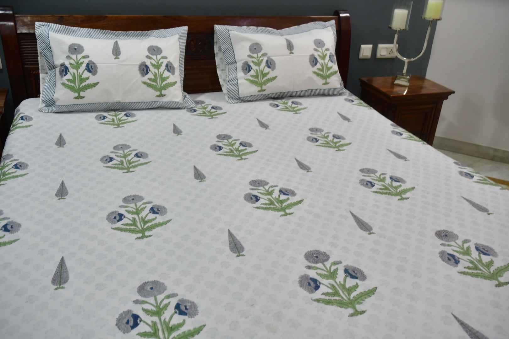 Blue Grey PoppyHandblock Cotton Handblock Bedsheet
